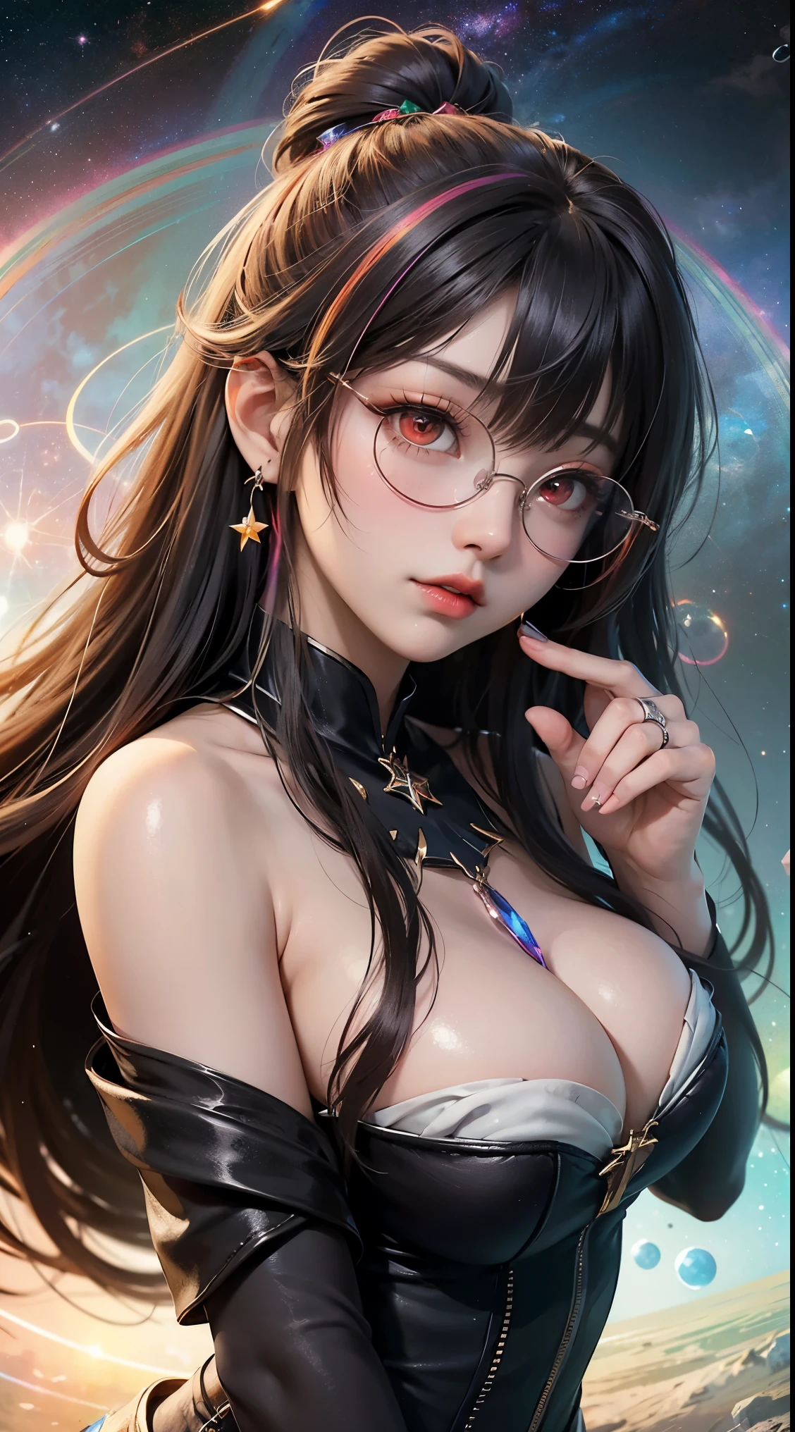 1名 27歳 woman, Understood、(best illustration)、8K UHD resolution、intricate details、最high quality、realistic、Super detailed、best writing、best shadow、soft lighting、ultra hd、dungeon and Dragon、cave、dungeon、 necromancer、night、dark style、Succubus、devil'Daughter of、bat wings,(((デーモンホーンラック縁round glasses))))、((()))、(devil'tail)、(red eyes shine:1.6)、masterpiece、beautiful features、Tyndall effect、realisticphotograph、(high detail skin:1.2)、8KUHD、Digital single-lens reflex camera、high quality、photograph、High resolution、 absurd、Ponytail distortion、Optimal ratio of 4 fingers and 1 thumb、1 girl、hair ornaments、真っ赤に輝くgemのネックレス、gem、beautiful expression、body up、big breastsight waist、wide ass、Tyndall effect、Phoeal、(high detail skin:1.2)、dark and mysterious version, lipstick red lips, thin and beautiful lips, Don'Don'Don'Don'don't laugh, please shut your mouth, Characters created by Karol Baku and Pino Denis, intricate details, detailed background, very detailed, magic of light, woman, cute face, ((((giant glasses, otaku glasses, thick glasses, round glasses))))、 looking at the Upper body of the goddess , round chest, big and round chest, phoenix hair brooch, long hair with bangs, (Long hair has seven colors like a rainbow:1.9), Beautifully detailed face and well-proportioned eyes, (Crystal clear red eyes: 1.8), Big round eyes and very beautiful and detailed makeup, Visionary, long silk nightgowns, mysterious makeup, ブresponseレット, I dyed the side bangs light yellow....., Upper body, (goddess Upper body: 1.8), hanging arms, リアルで鮮やかなphotograph, (stars that make up : 1.7), ( Space-time portal of sky and imagination: 1.8), fiction art, RAWphotograph,黒い着物のphotograph, 最高のphotograph , expensive_response, 最high quality, 最高のphotograph, 8K quality, 8K ultra , surrealism, 最も経済的な本物のphotograph, Artistic portrait of 12 signs, Symbol of one of the 12 signs on the reverse side, 12 Portrait of the Goddess, 最もrealistic配色, 最高のphotograph color, masterpiece, hair ornaments, ネックresponse, jewelry, beautiful face, Upper body, Tyndall effect, photographのようにリアルな, Dark studio, border light, two tone light, (fine skin) expensive: 1.2), 8K UHD, Digital single-lens reflex camera, soft light, expensive quality, volume light, Frank, photograph, expensive responseolution, 4K quality, 8K, Bokeh, smooth and sharp, 10x more pixels, Charming goddess, sexy goddess, (backgroundace: 1.8), (milky way: 1.7), aurora, lightning, (auroraの背景: 1.8) <roller:crazy_perfect eyes_V1_from_V1_, beautiful goddess and flowers,