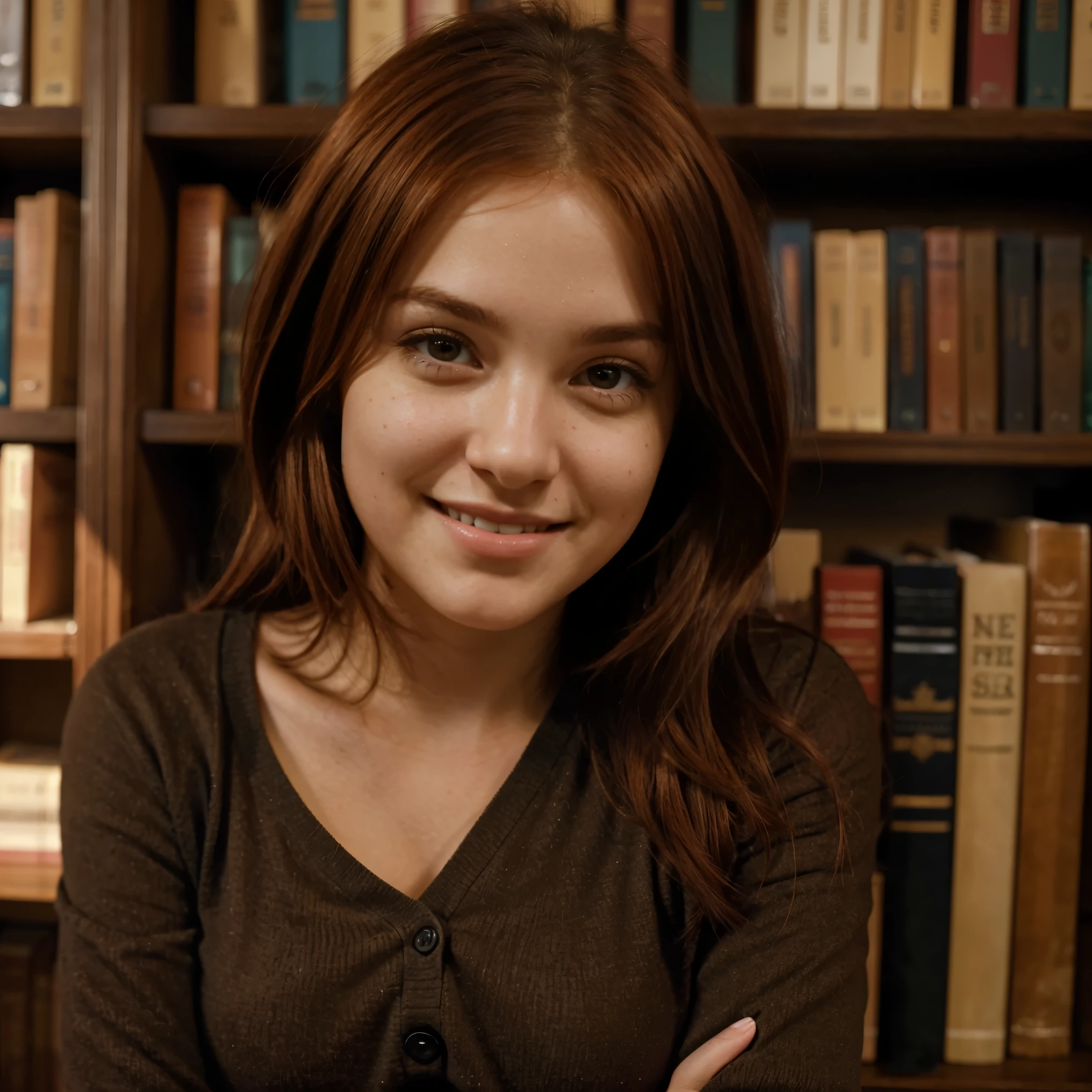 a cute girl with red hair and brown eyes smiling in front of a bookshelf, masterpiece, intrincate, close up face, fine details, atmospheric illumination