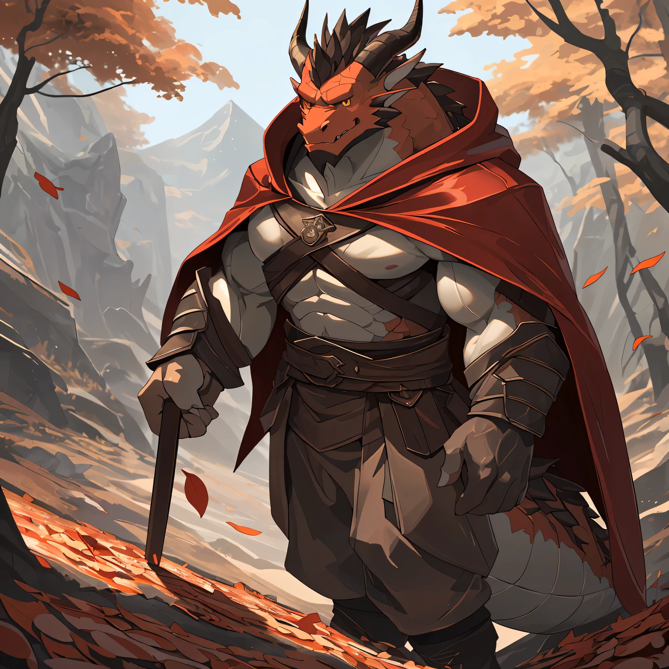 Fallen leaves on the mountain road, Artie Green 8K, Inspired by Sylvain Sarrailh, Makoto Shinkai Cyril Rolando, Concept Art Wallpaper 4K, digital concept art, Cyril Rolando and Goro Fujita, Inspired by Artie Green'perfect anatomy, (ultra deTailed), sharp focus, Eye, amber Eye, hairy, There are brownish-red hairs on the head, Brownish-red beard, human nature (dragon), male, middle aged, orange-red body, white belly, Tail, black corner,brown-red eyebrows,Muscular and big, big man,bare breasts,knight clothing, red cherry long cloak, ultra deTailed face, depth of field, motion blur, high deTails, high quality, Award-winning, HD, 16K, (best quality,4K,8K,High resolution,masterpiece:1.2),ultra-deTailed,actual:1.37,HDR,UHD,studio lighting,extreme deTail description,professional,bright colors, ((masterpiece)), (((best quality))),illustration, environmental change scenarios, Chatongbetalora, (simple 后退ground, white 后退ground: 1.3) information