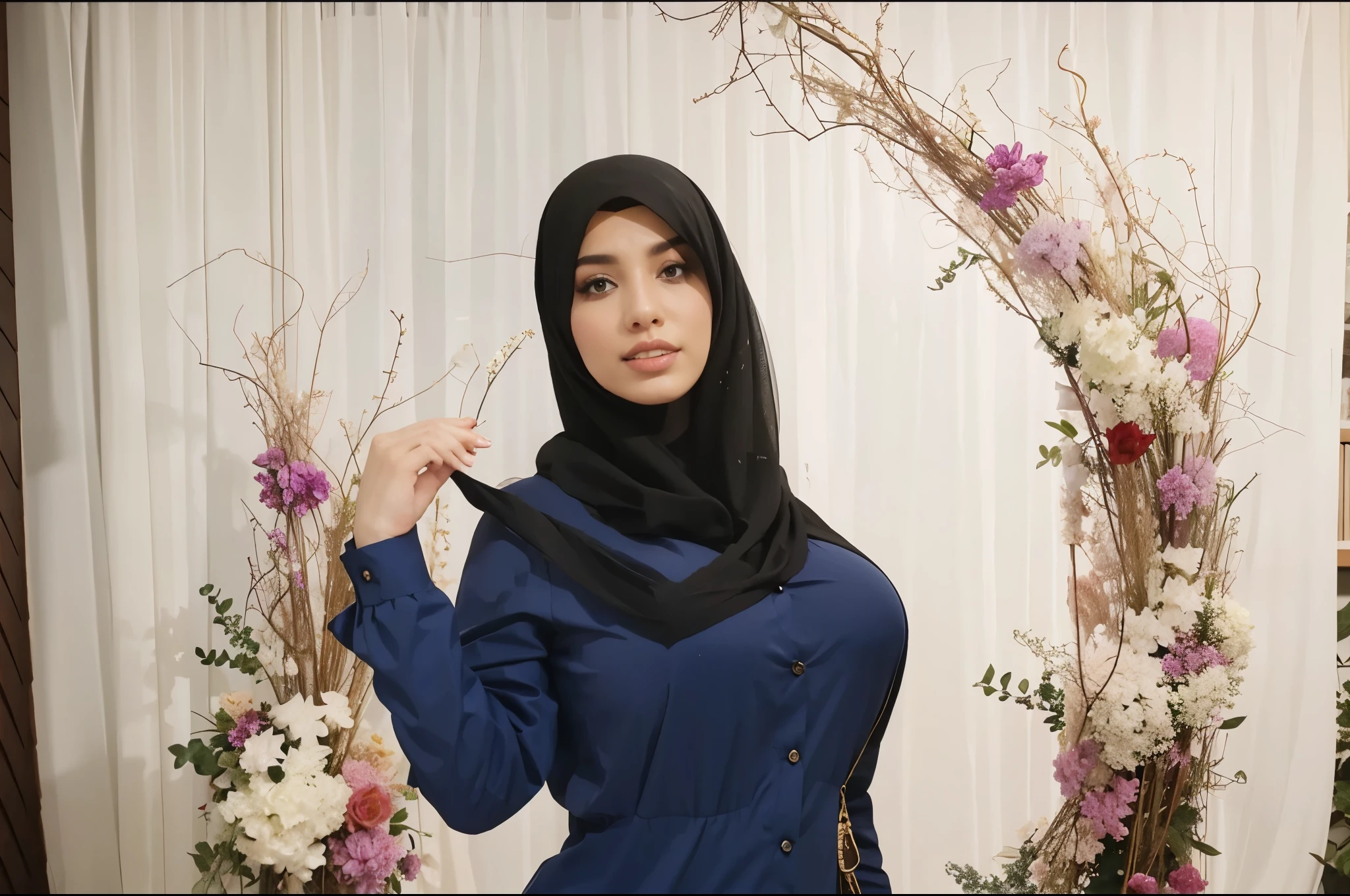 Malay girl in hijab wear small floral baju kurung malaysia in college, wear back pack, back view, detail skin, detail skin texture, mole below eyes, small breast, big hip, big waist, big round ass, big thigh, slim abs, beautiful body, nighttime, laughing, happy, bright lighting, college student in background, crowded college, blur background, bokeh,