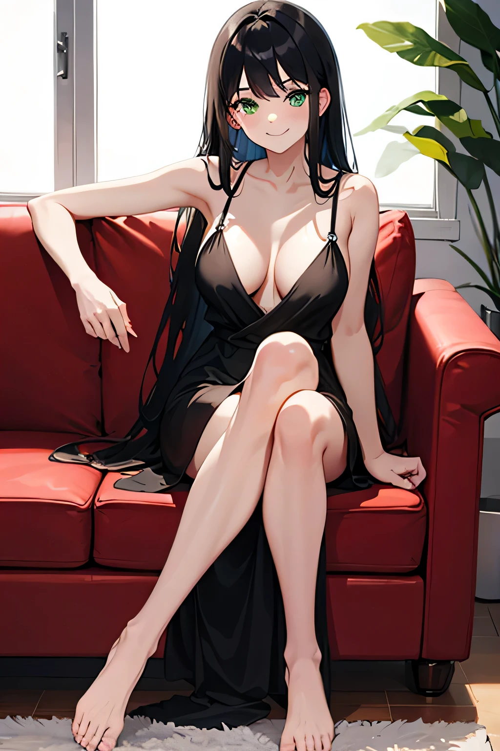 1 girl, green eyes, long black hair, mature, smiling, sitting on a red couch, downblouse, black dress