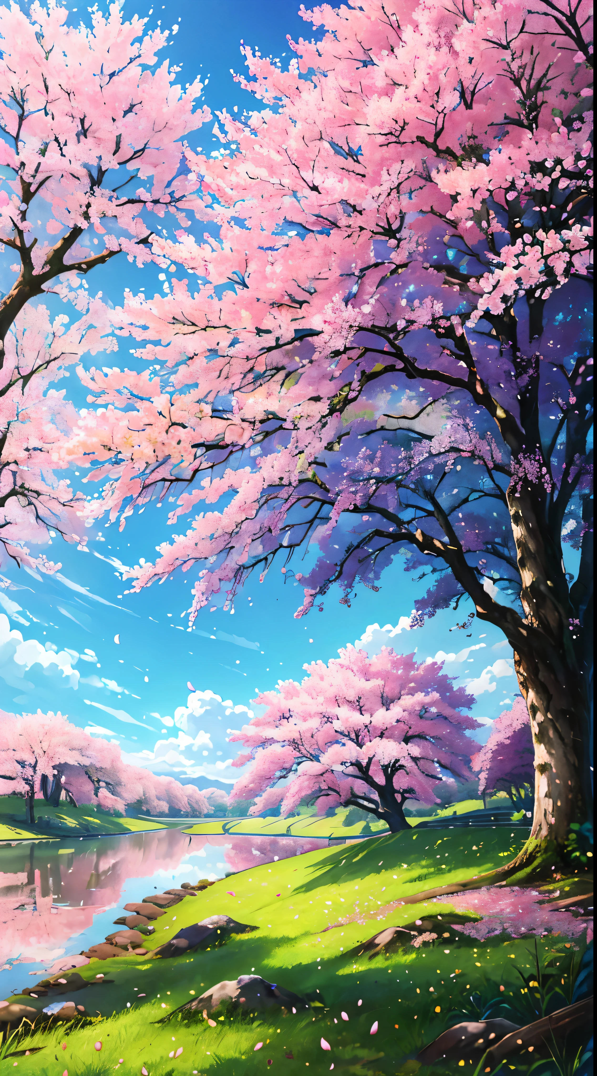 (best quality,highres,ultra-detailed,realistic:1.2),vivid colors,landscape,beautiful detailed sakura tree in a grassy field from a low angle,serene atmosphere,Detailed grass and flowers,soft sunlight,gentle breeze,scenic beauty,lush greenery,sakura petals falling,tranquil vibes