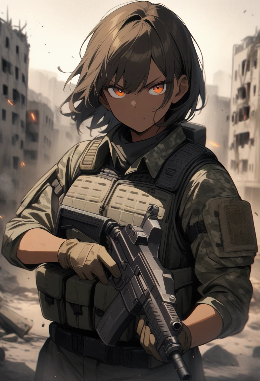 1girl, solo, Filipino woman, 26 years old, tanned bronze skin, amber eyes, (Wearing: USA marine corps uniform, camouflage military uniform, bullet proof vest, pants, utility belt, armor and gloves), holding a pistol, closed mouth, looking at viewer, hair between eyes, outdoors, warzone, ruined city background, serious face, upper body, masterpiece, best quality, very aesthetic, gritty tone, absurdres
