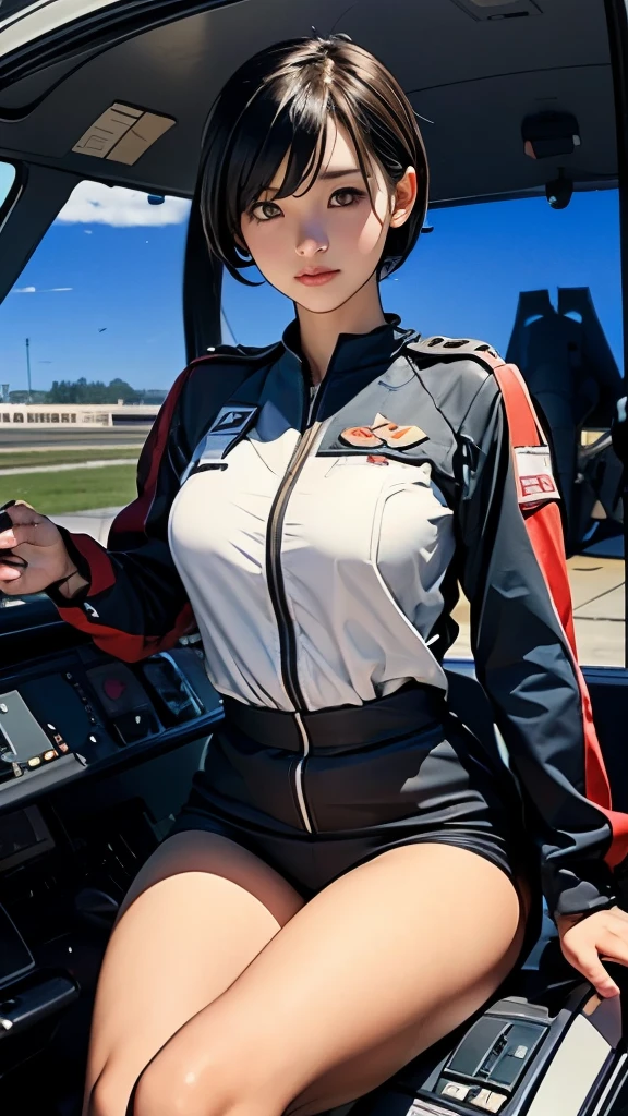 1 girl、A female fighter pilot is looking at me、black short hair、Idol level cuteness、Slender but big breasts、Fitted colorful patterned female fighter pilot suit、military airfield、In front of a propeller fighter jet、anatomically correct、precise fingers、exact limbasterpiece、photo reality、
