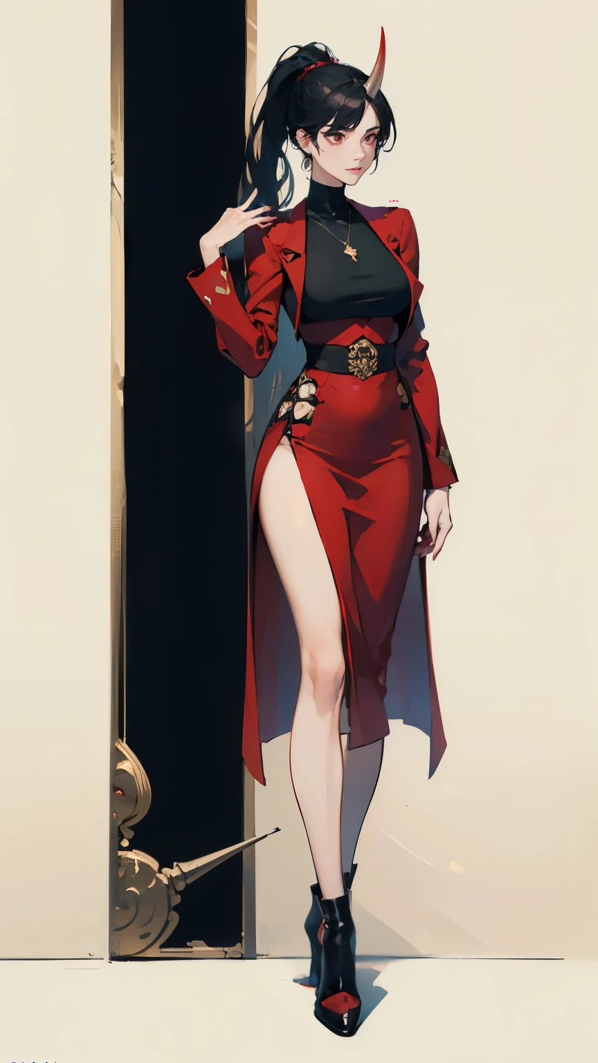 ((masterpiece,best quality,8k,highres)),((character concept art)), 1 female, adult woman, secret agent, 175 cm height, long straight hair, straight ponytail, flat hair bangs (black hair colour), demon horn, ultra finely detailed eyes (red eyes colour), extraordinary gorgeous, charming, smirk smile, shapely breasts, hourglass body shape ((muscular)), ((intricate detail)), super finely detailed hands, ultra finely detailed fingers(((ten fingers))), red shirt, black blazer, black pencil skirt, black boots, earrings, necklace, (standing still), (full body showcase), (show full body), (no logos on background), (no logo), ((plain background)), ((empty hands)), ((plain background)), (((empty background)))
