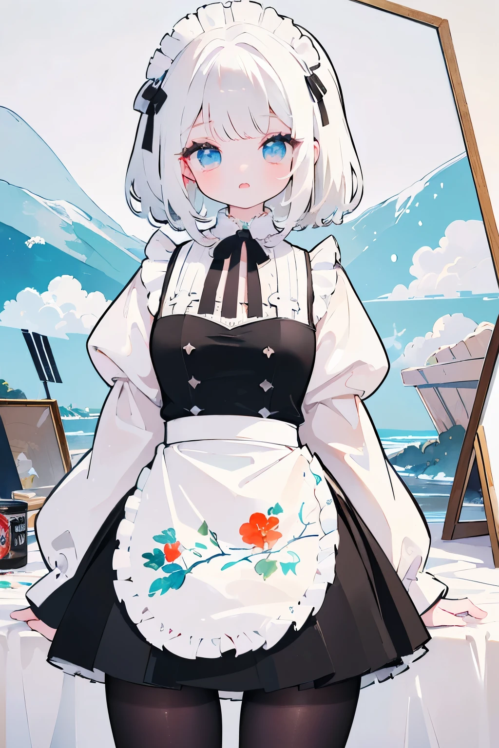(64k, RAW photo, best quality, masterpiece),(waterpaint,illustration.paint),(detailed eyes and cute face) , girl (Medium cute fluffy white hair) , Cute big eyes , mistress , cute wife , thighs , cute Medium bust , Smooth abdomen , maid attire, black pantyhose,