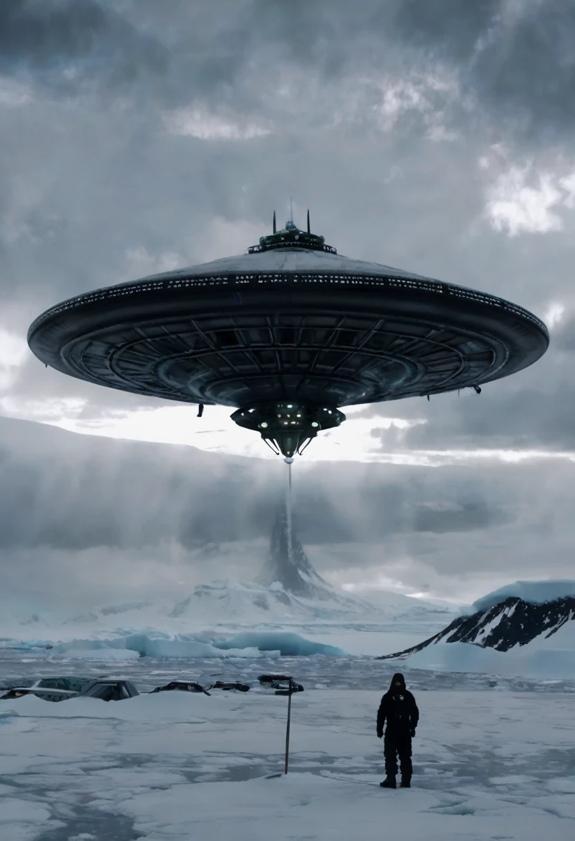 An alien stranded with his ship destroyed in the middle of Antarctica and in the sky very gray clouds because there is a snow storm but in the distance and above the clouds a light is opening that it is a flying saucer, a rescue ship to rescue that alien that alien in 4k HD image super realistic first person view ((( alien erizo))) (((rescate)))) 