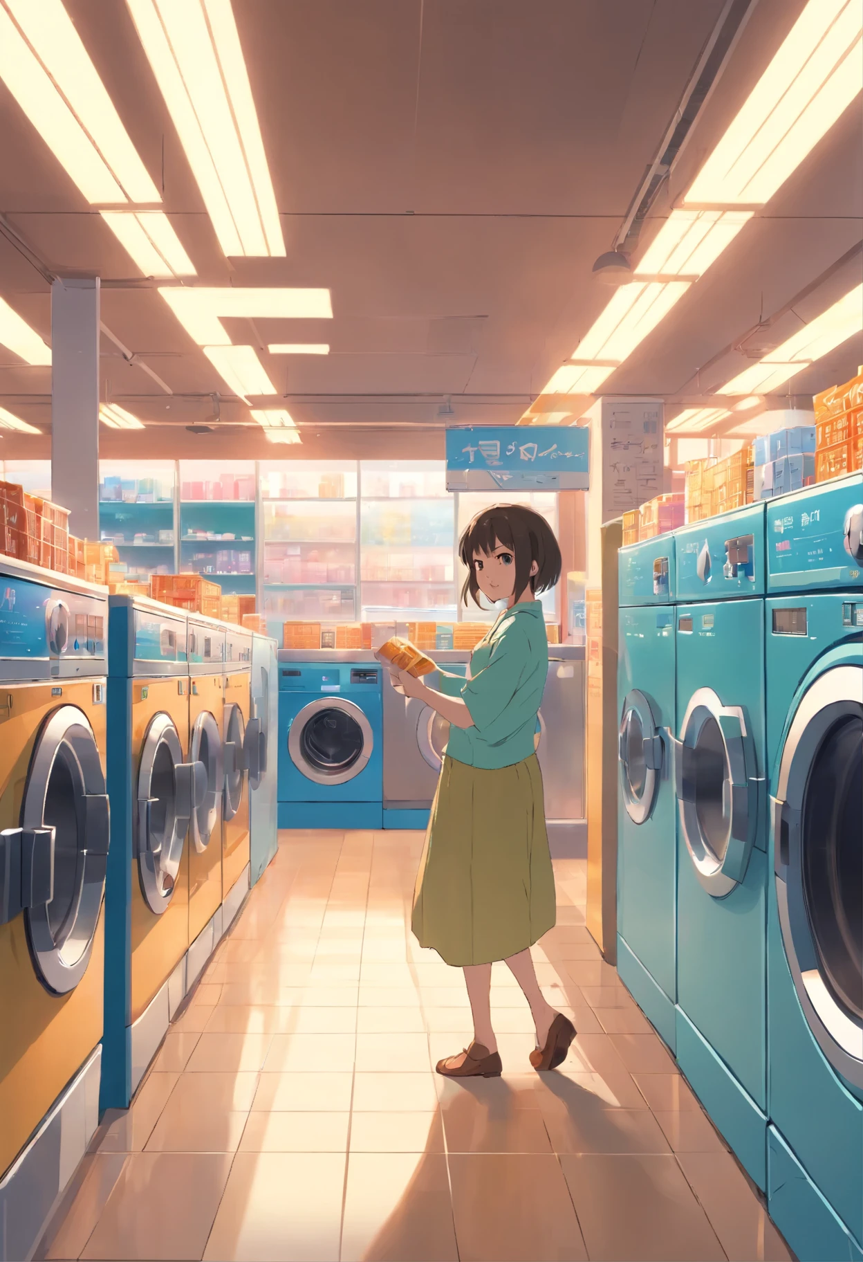 anime,coin laundry store,外から見たcoin laundry store、Inside the store３People