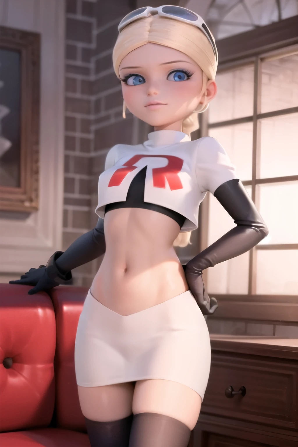 (8k, RAW photo, best quality, masterpiece:1.2), (intricate details), highres, perfect eyes, perfect face, perfect lighting, beautiful, (masterpiece:1.2), (best quality:1.2), 1girl, solo, chloe, blue eyes, blonde, team rocket,team rocket uniform, red letter R, white skirt,white crop top,black thigh-highs,black elbow gloves