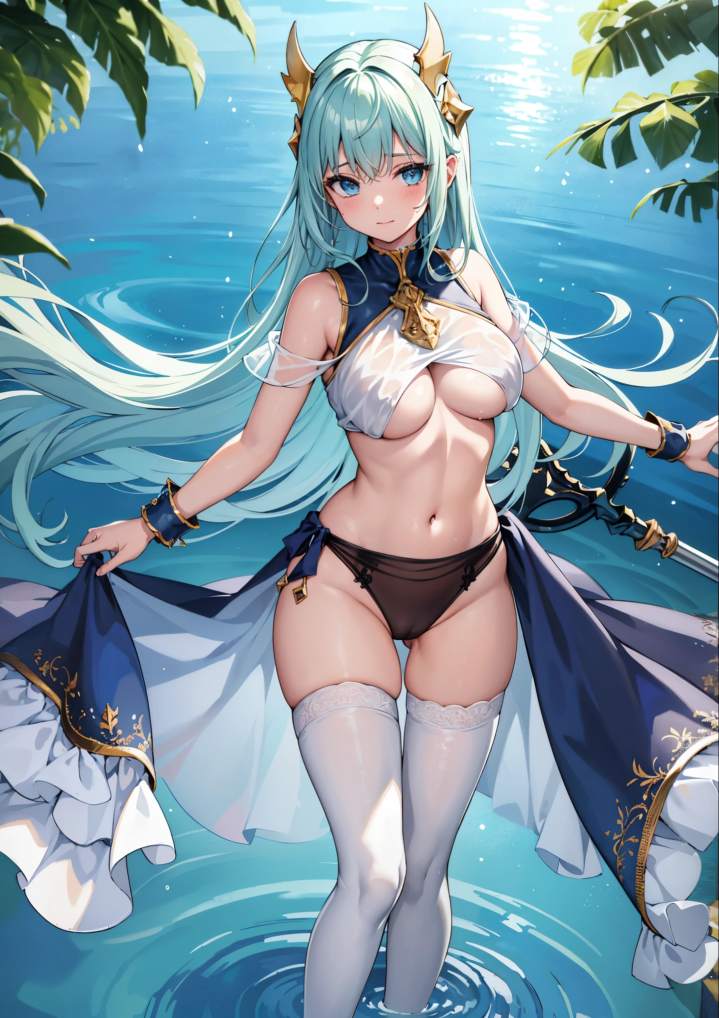 fantasy, 1lake_elemental_girl,(right_skin:0.9), (using_water_clothes:1.1), water,(wet:1.2),see-through_clothes_covered_breasts, see-through_clothes_covered_pussy,covered_nipples,(soft_large_tits:1.1), standing, smile,half_eyes, sleepy, up_style_long_hair, navel,oil, (water_around_torso:1.1), pondside_background, gold_headgear, aquablue_cloak, spread_arms, large_staff, slender_thighhighs,solo,(pelvic_curtain:1.2), tabard,(plump:0.7),cowboyshot,(open_legs:1.4),pussy,splash,wet