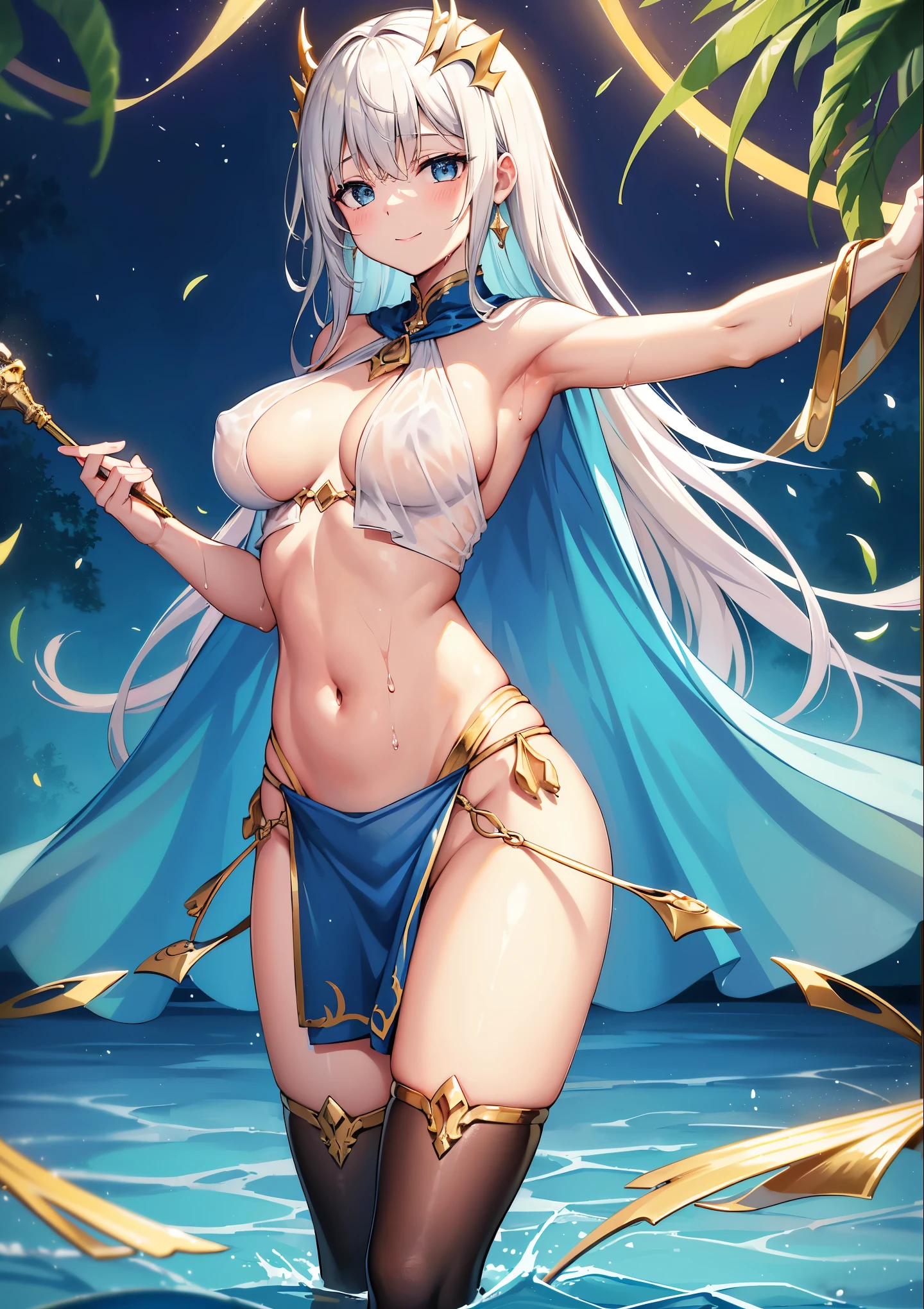 fantasy, 1lake_elemental_girl,(right_skin:0.9), (using_water_clothes:1.1), water,(wet:1.2),see-through_clothes_covered_breasts, see-through_clothes_covered_pussy,covered_nipples,(soft_large_tits:1.1), standing, smile,half_eyes, sleepy, up_style_long_hair, navel,oil, (water_around_torso:1.1), pondside_background, gold_headgear, aquablue_cloak, spread_arms, large_staff, slender_thighhighs,solo,(pelvic_curtain:1.2), tabard,(plump:0.7),cowboyshot,(open_legs:1.4),pussy,splash,wet