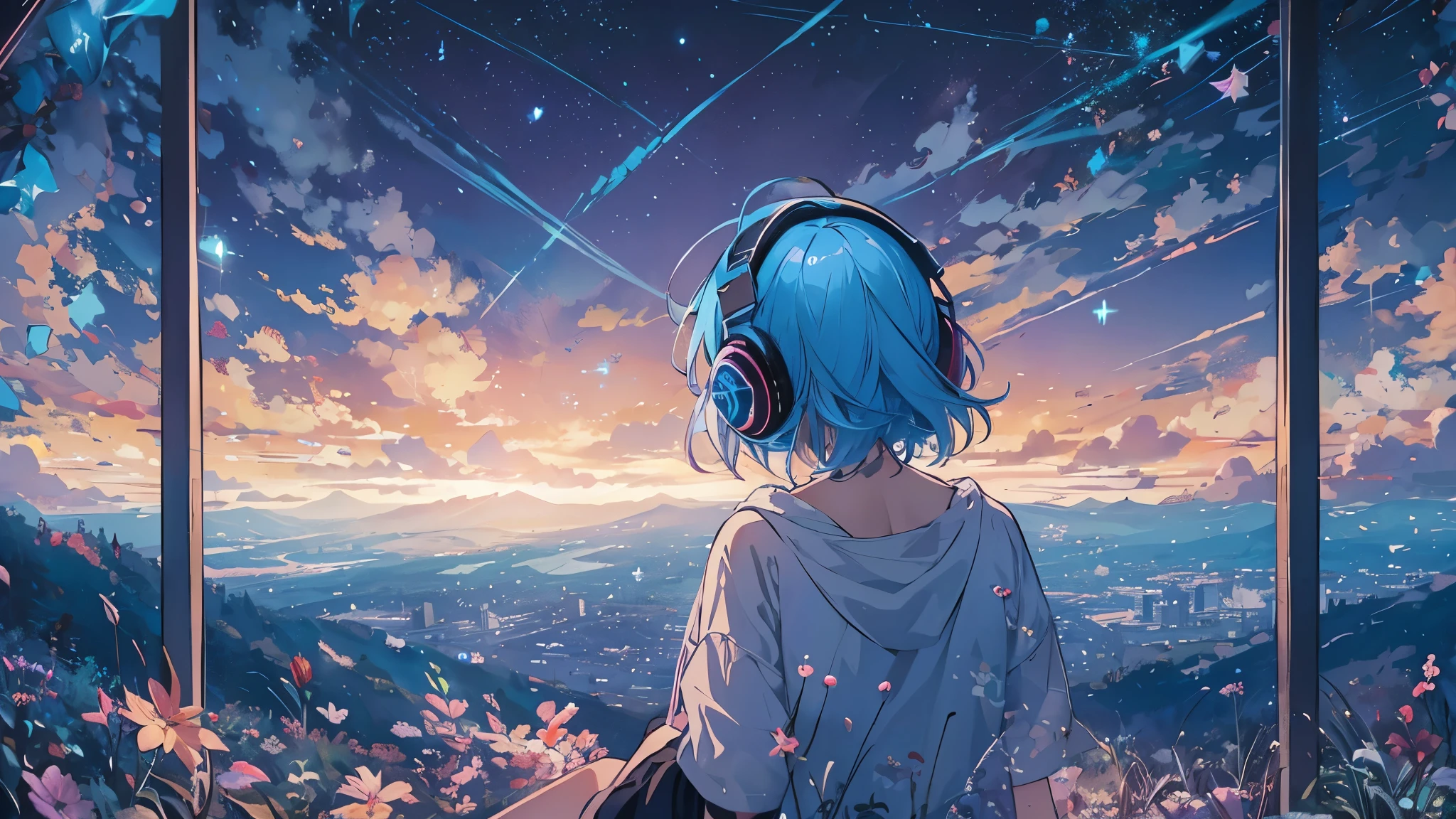 A woman sits in the center of a hill overlooking a starry sky　the plants sway　　blue hair、、A starry sky fills the entire screen.、back view of girl。woman is wearing headphones 4k, sad,、Bowater&#39;s art style、beautiful digital illustrations、beautiful character painting、Stunning Anime Face Portrait Mikudayo, official artwork, lofi girl, praise art style,, halfbeak, anime atmosphere, Anime style mixed with Fujifilm, digital anime illustration, anime wallpaper 4k　Girl with headphones Blue haired woman　put on headphones;　　　high resolution　high quality　beautiful realistic sky　The sky is the main　
