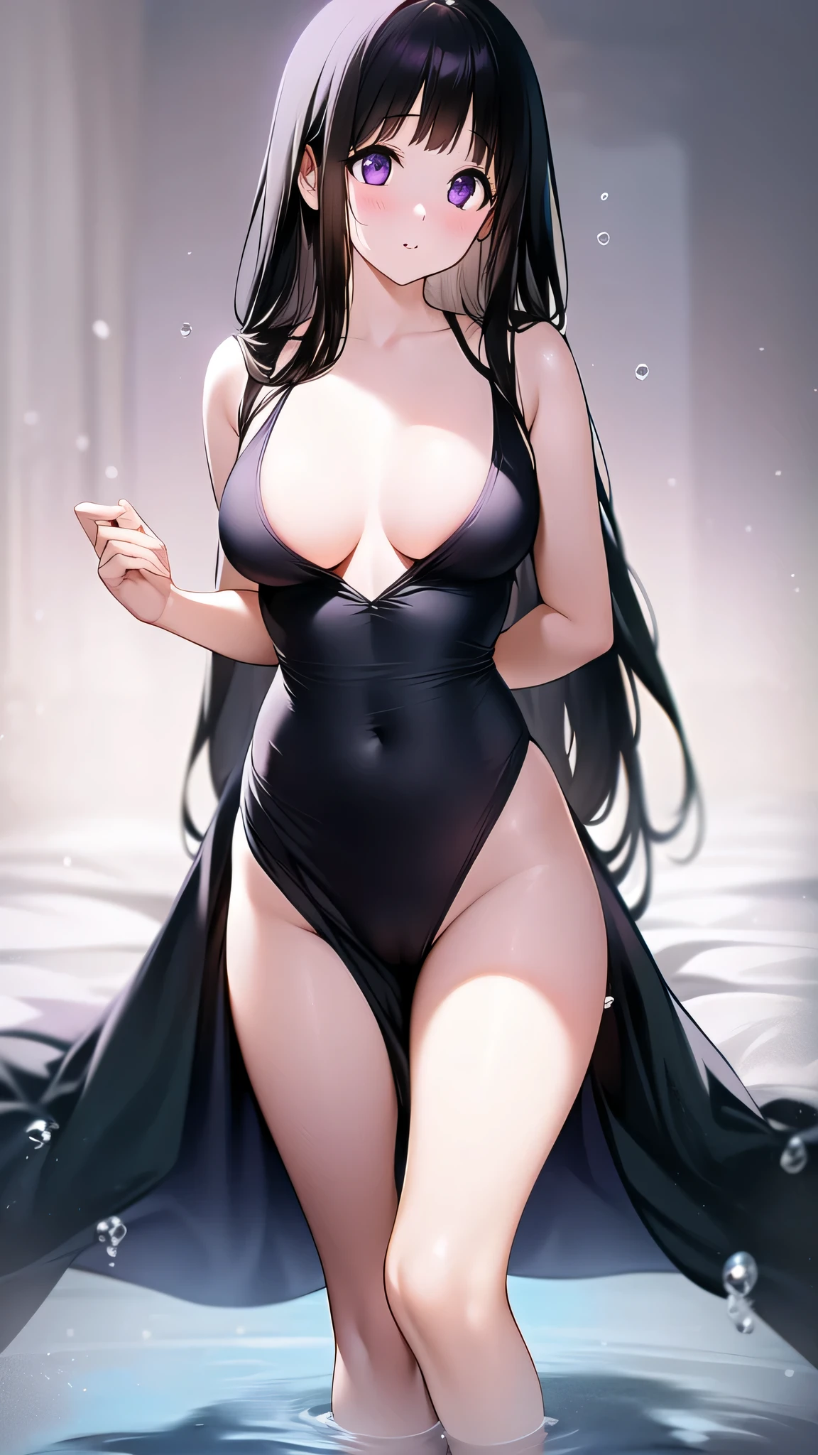 The stunning Chitanda Eru, purple eyes, black hair, Naturally straight hair, straight bangs, extremely refined, a girl,adult face,flowing long hair,Peerless beautiful girl, dreamlike,Slim,soft, (Sensual), (kawaii), dream quality,white evening dress,at the banquet,Water droplets on the thighs,,bright light,bare neck,naked ass,bare shoulders,Clavicle exposed,bare breasts,Bare thighs,bare toes,camel toe,snow white skin, delicate face, thin waist, soft curves, Real light and shadow, Ultra-fine, 4K, move naturally, ultra high resolution, (masterpiece:1.2, best quality), (Exquisite and beautiful eyes: 1.2), (Beautiful and delicate face)
