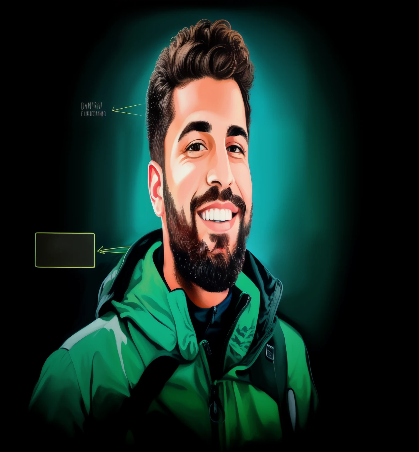 There's a man with a beard and green jacket, fundo : diego fazio, diego fazio, retrato vfx altamente detalhado, arte digital. @mariomaniacdude, duncan fegredo, foto de perfil de foto de retrato, retrato colorido, retrato de alta qualidade, aykut aydogdu, retrato de perfil, retrato nft, amr elshamy, ismail