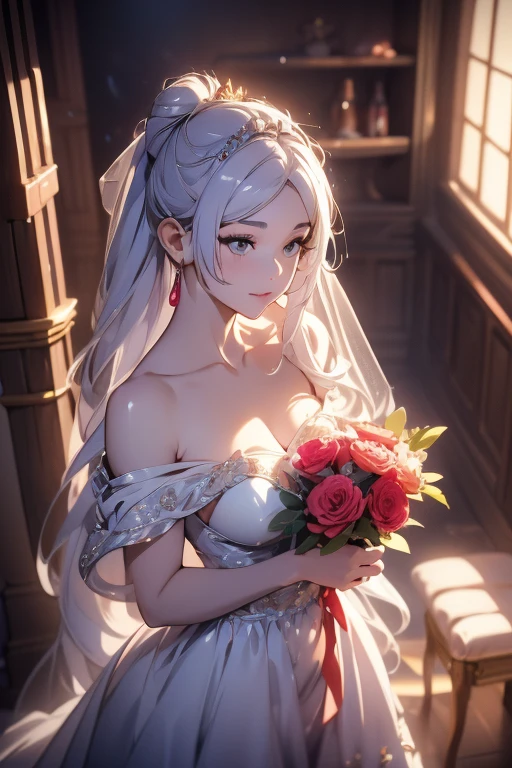 (from above:1.2),(from side:0.9), ((Face)), (Close-Up:0.4), ((looking at viewer, holding a bouquet to his mouth)), highest quality、(real、photorealistic:1.4)、(RAW photo:1.2)、very detailed CG unity 8k wallpaper, delicate and beautiful, wonderful, Fine detail, official art, disorganized, very disorganized, huge file size, Ultra-detailed, very detailed, very detailed girl, very detailedなeyes and face, Bright on the face、(teenage girl:1.7)、small smile, ,smiling, miorine rembran, ahoge, (white hair:1.25), hair between eyes, hair bun, (long hair:1.25), tiara,,ruanyi0261,off-shoulder dress,pearl \(gemstone\),tiara,veil,wedding dress, wedding necklace, wedding long gloves, (luxurious bouquet), chapel, Stained glass,(best quality, highres, masterpiece:1.2), ultra-detailed, (realistic:1.37) illustration, erotic style, soft lighting, sweat glistening on her body, gentle warmth, dark and mysterious, small breast,narrow waist,(with sparkling eyes and a contagious smile),her thin pubic hair, looking at viewer,