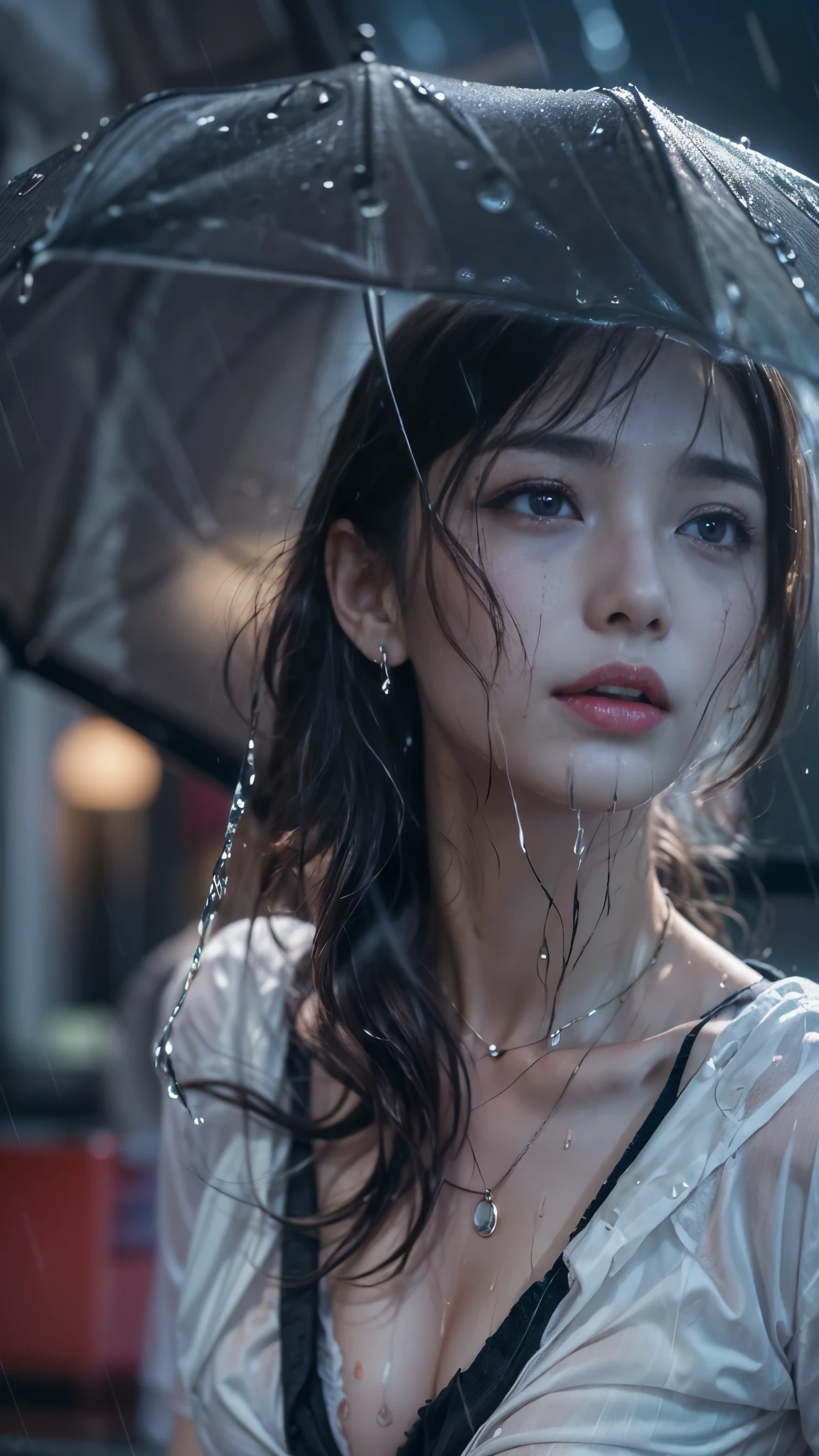 (RAW shooting, Photoreal:1.5, 8K, highest quality, masterpiece, ultra high resolution), perfect dynamic composition:1.2, Night street corner of a modern city, expression of sadness:0.5, (((Typhoon heavy rain))), Highly detailed skin and facial textures:1.2, Slim office lady wet in the rain:1.3, Fair skin:1.2, sexy beauty:1.1, perfect style:1.2, beautiful and aesthetic:1.1, very beautiful face:1.2, water droplets on the skin, (rain drips all over my body:1.2, wet body:1.2, wet hair:1.3, Wet tight skirt:1.2, wet office lady uniform:1.3), belt, (Medium chest, bra is see-through, Chest gap), (cry, lovelorn, The expression on your face when you feel intense caress, Facial expression when feeling pleasure), (beautiful blue eyes, Eyes that feel beautiful eros:0.8), (Too erotic:0.9, Bewitching:0.9), cowboy shot, Shoulder bag, necklace, earrings, bracelet, clock