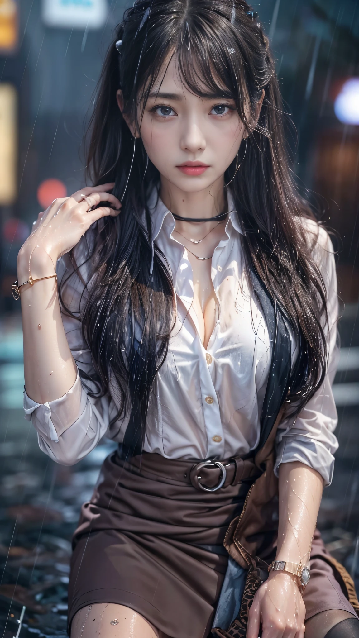 (RAW shooting, Photoreal:1.5, 8K, highest quality, masterpiece, ultra high resolution), perfect dynamic composition:1.2, Night street corner of a modern city, expression of sadness:0.5, (((Typhoon heavy rain))), Highly detailed skin and facial textures:1.2, Slim office lady wet in the rain:1.3, Fair skin:1.2, sexy beauty:1.1, perfect style:1.2, beautiful and aesthetic:1.1, very beautiful face:1.2, water droplets on the skin, (rain drips all over my body:1.2, wet body:1.2, wet hair:1.3, Wet tight skirt:1.2, wet office lady uniform:1.3), belt, (Medium chest, Bra see-through, Chest gap), (cry, lovelorn, The expression on your face when you feel intense caress, Facial expression when feeling pleasure), (beautiful blue eyes, Eyes that feel beautiful eros:0.8), (Too erotic:0.9, Bewitching:0.9), cowboy shot, Shoulder bag, necklace, earrings, bracelet, clock