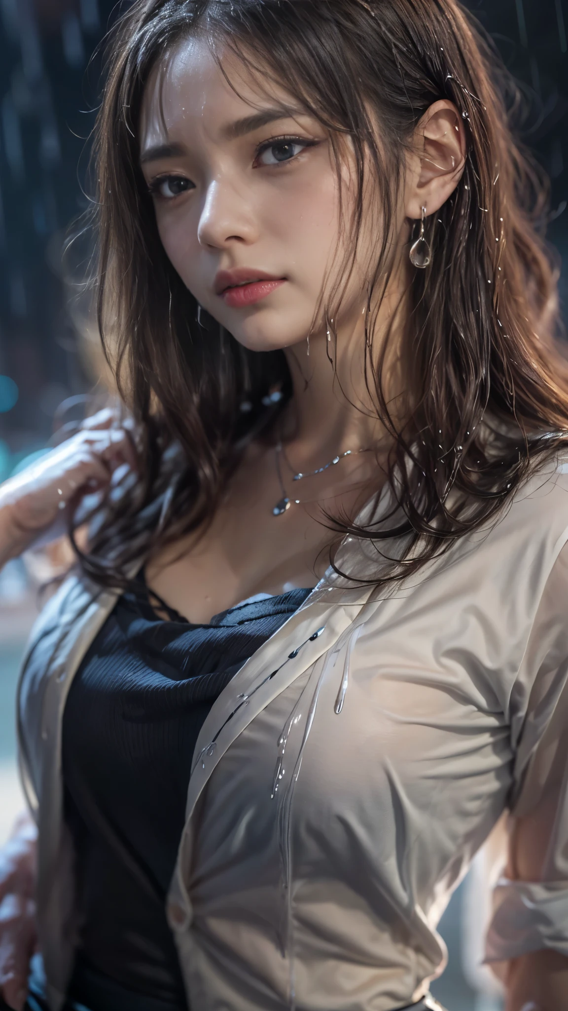 (RAW shooting, Photoreal:1.5, 8K, highest quality, masterpiece, ultra high resolution), perfect dynamic composition:1.2, Night street corner of a modern city, expression of sadness:0.5, (((Typhoon heavy rain))), Highly detailed skin and facial textures:1.2, Slim office lady wet in the rain:1.3, Fair skin:1.2, sexy beauty:1.1, perfect style:1.2, beautiful and aesthetic:1.1, very beautiful face:1.2, water droplets on the skin, (rain drips all over my body:1.2, wet body:1.2, wet hair:1.3, Wet tight skirt:1.2, wet office lady uniform:1.3), belt, (Medium chest, Bra see-through, Chest gap), (cry, lovelorn, The expression on your face when you feel intense caress, Facial expression when feeling pleasure), (beautiful blue eyes, Eyes that feel beautiful eros:0.8), (Too erotic:0.9, Bewitching:0.9), cowboy shot, Shoulder bag, necklace, earrings, bracelet, clock