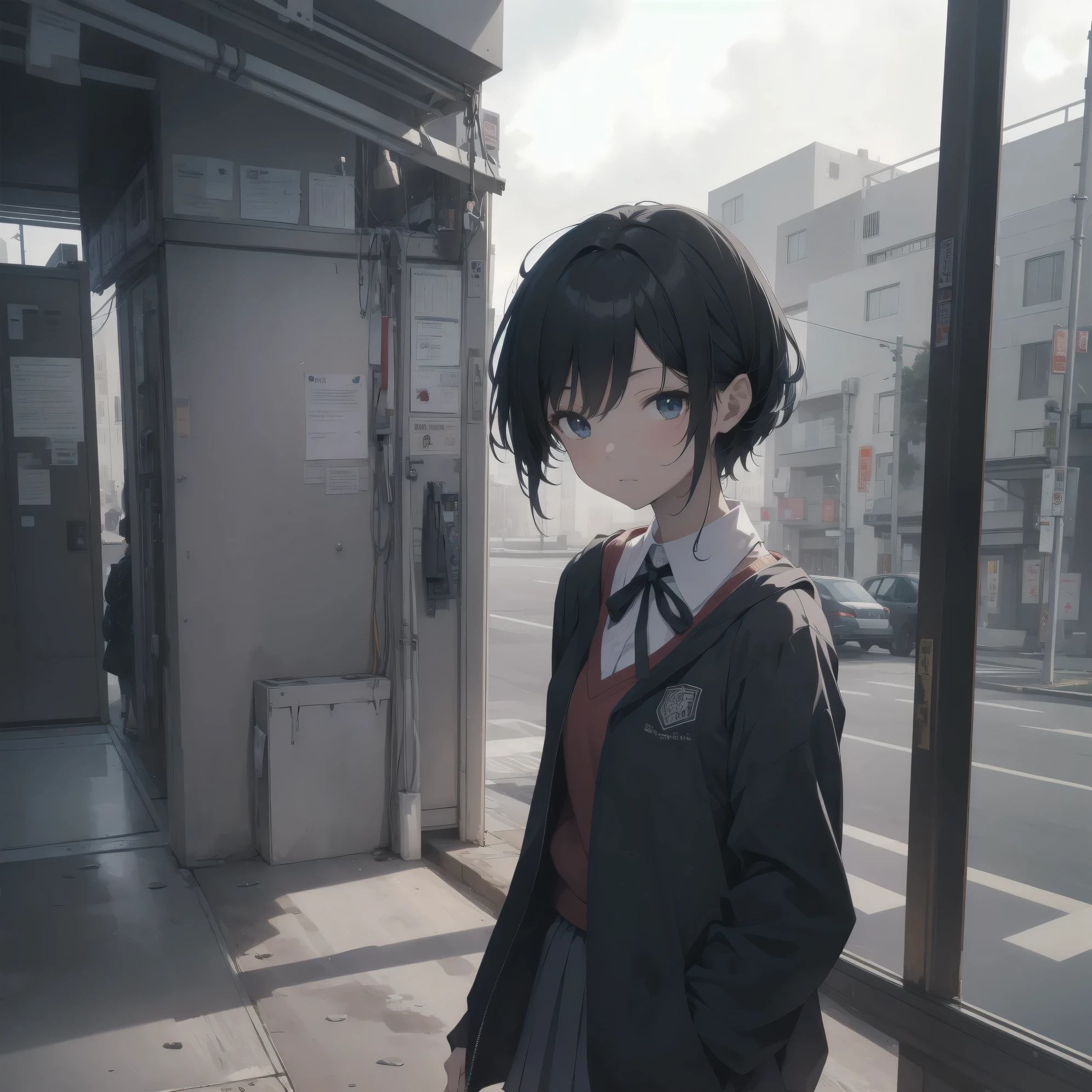 Super Absurd - Top Quality from the God of Art, Super detailed, High resolution, anime moe art style, cute girl portrait, best anime 8K konachan wallpaper, Pixiv contest winners, perfect anatomy,break, (眠そうにalone学校へ行く女の子を描いてください. )break,1 girl, (alone,little woman, :1.3),All limbs, full finger,, The charm of an immature body, (very short hair), shortcut, flat chest, , small ass, between legs, small black eyes, detailed and beautiful eyes, Well-proportioned iris and pupils, expressive eyes, High resolutionの詳細な髪, yawn, neck ribbon, shirt, collared shirt, skirt, pleated skirt, , (detailed lighting), (detailed background), On the way to school. break,super dense skin, Best cinematic lighting powered by famous artist, 8K,Beauty Illustration,photoshop_(Moderate),Absurd Hi-Res,UHD,rough skin,break,((artist:kantoku)), artist:dark black,artist:shinkai makoto,artist:sekiya asami,artist:Fujiyama,