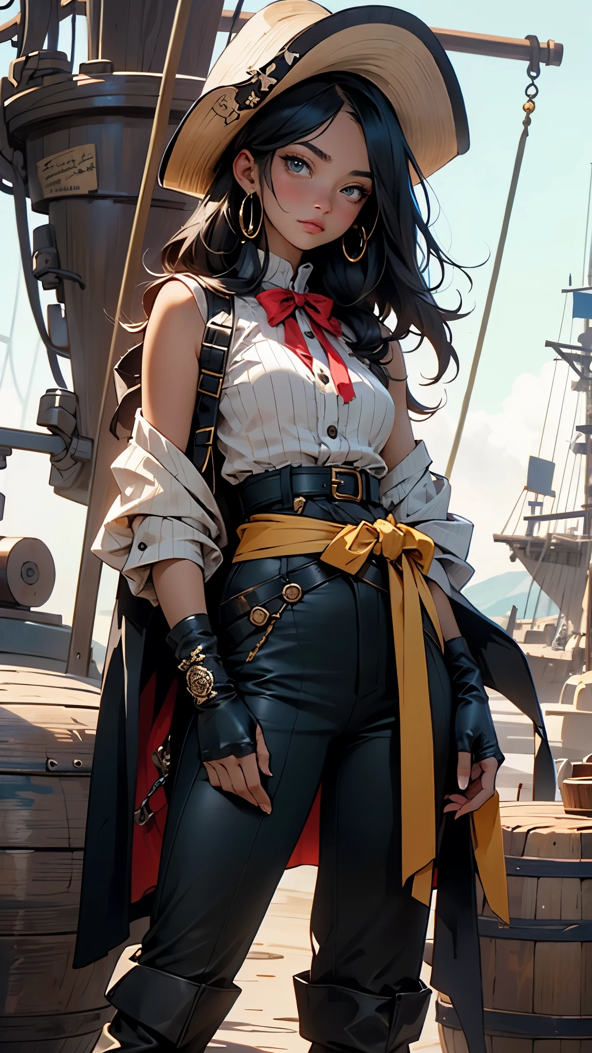 A middle-aged man with long black hair, medium length hair, wears a small round felt hat on his head, he has a cunning and sharp gaze, a beard, a tall and imposing figure, a fantasy-style pirate coat, sleeveless, exquisite stripes, a large skull pattern, has a golden sash around his waist, a leather belt with bone decorations, long gloves with metal ornaments, two-tone utility pants, knee-high leather boots, primarily in shades of black, accented by touches of red and yellow, he stands proudly at the bow of a massive pirate ship, this character embodies a finely crafted fantasy-style pirate in anime style, characterized by an exquisite and mature manga illustration art style, high definition, best quality, highres, ultra-detailed, ultra-fine painting, extremely delicate, professional, anatomically correct, symmetrical face, extremely detailed eyes and face, high quality eyes, creativity, RAW photo, UHD, 8k, Natural light, cinematic lighting, masterpiece:1.5