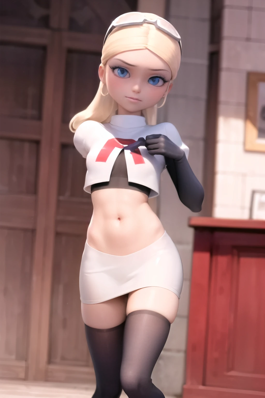 (8k, RAW photo, best quality, masterpiece:1.2), (intricate details), highres, perfect eyes, perfect face, perfect lighting, beautiful, (masterpiece:1.2), (best quality:1.2), 1girl, solo, chloe, blue eyes, blonde, team rocket,team rocket uniform, red letter R, white skirt,white crop top,black thigh-highs,black elbow gloves