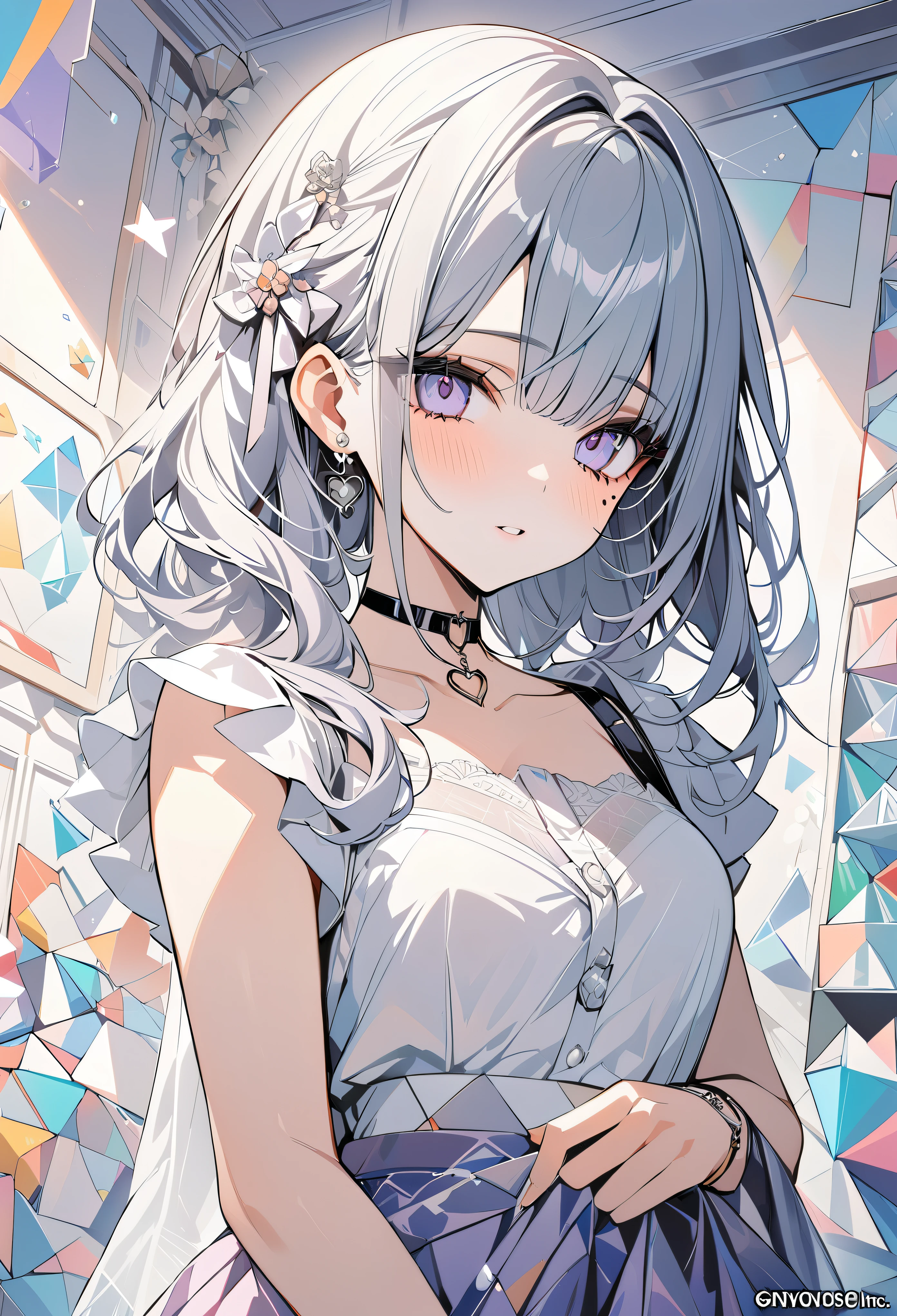 ,beautiful flower々）,mole under eye, heart shaped choker, (masterpiece, highest quality), official art, beautiful and aesthetic: 1.2), (1 girl), very detailed, (geometry art: 1.3), colorful
