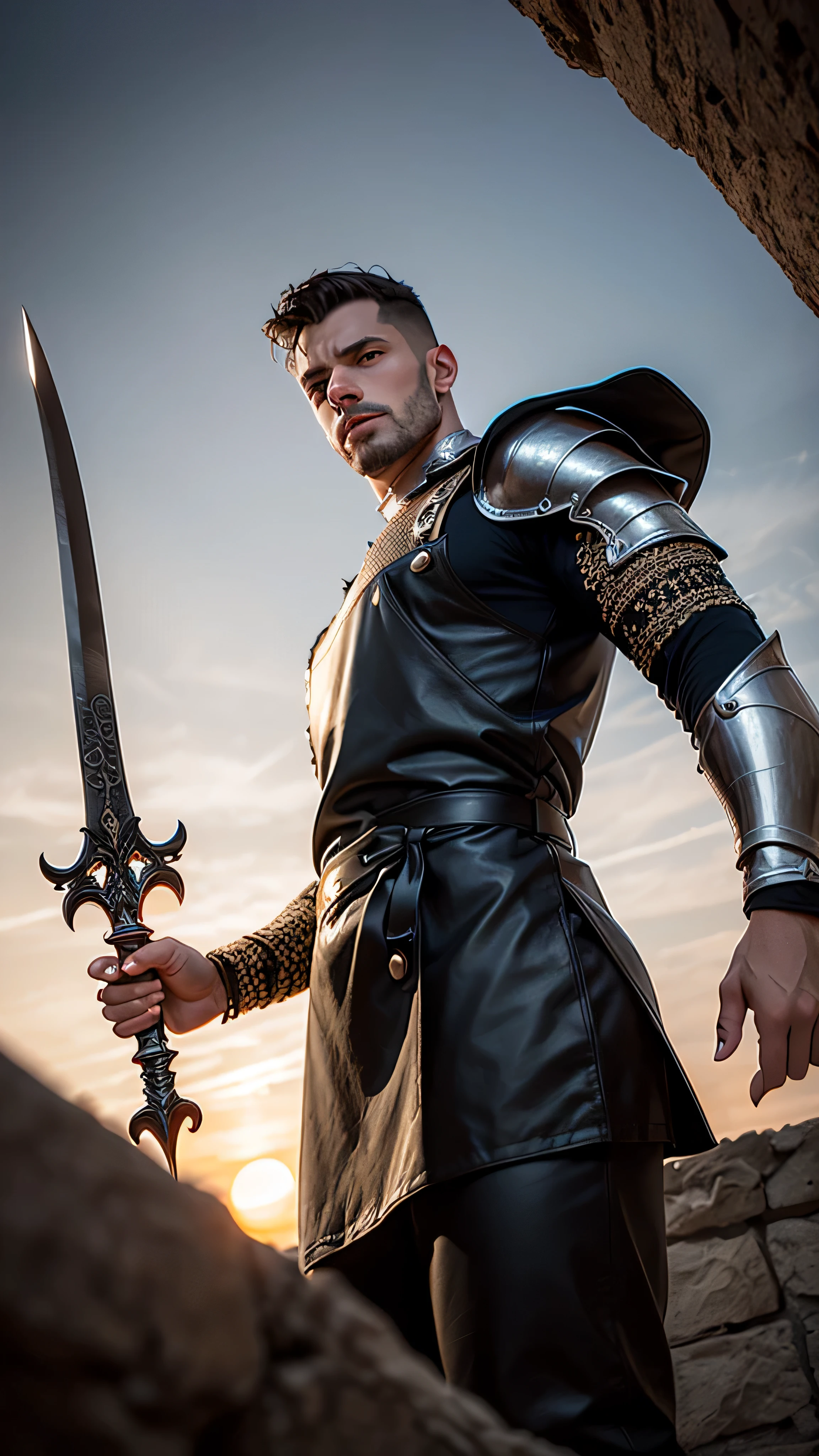 (masterpiece), (extremely intricate:1.3), (realistic), portrait of a man, (medieval armor), metal reflections, upper body, outdoors, intense sunlight, far away castle, professional photograph of a handsome man detailed, (short dark dirty hair, dynamic pose), sharp focus, dramatic, award winning, cinematic lighting, volumetrics dtx, (film grain, blurry background, blurry foreground, bokeh, depth of field, sunset, interaction, matte black leather apron, ((gigantic, giant, from below, dagger, dagger)))