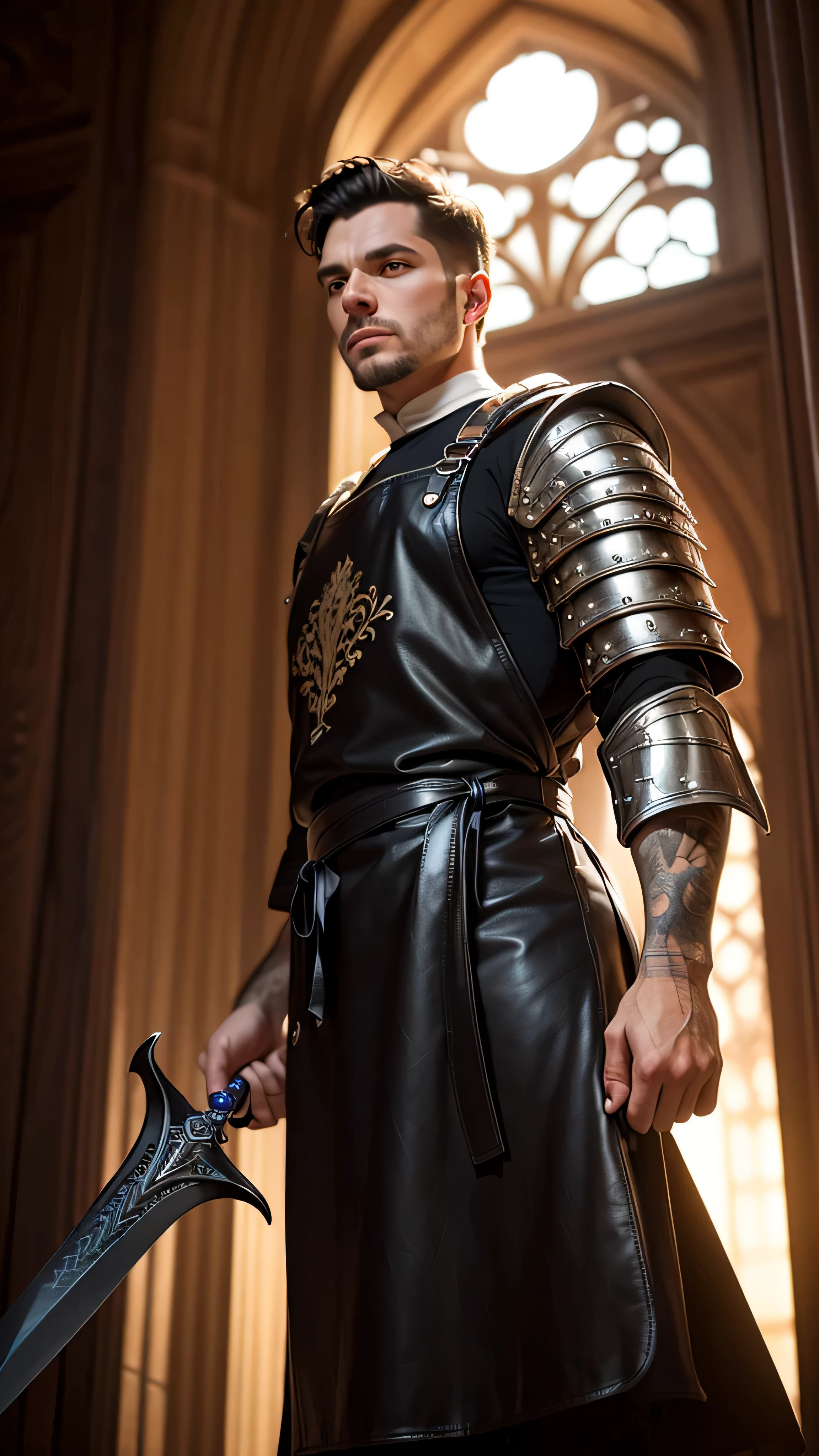 (masterpiece), (extremely intricate:1.3), (realistic), portrait of a man, (medieval armor), metal reflections, upper body, outdoors, intense sunlight, far away castle, professional photograph of a handsome man detailed, (short dark dirty hair, dynamic pose), sharp focus, dramatic, award winning, cinematic lighting, volumetrics dtx, (film grain, blurry background, blurry foreground, bokeh, depth of field, sunset, interaction, matte black leather apron, ((gigantic, giant, from below, dagger, dagger)))