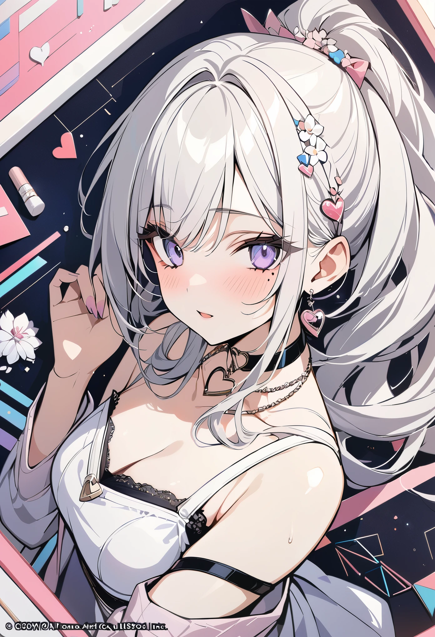 ,beautiful flower々),mole under eye, heart shaped choker, (masterpiece, highest quality), official art, beautiful and aesthetic: 1.2), (1 girl), very detailed, (geometry art: 1.3), colorful