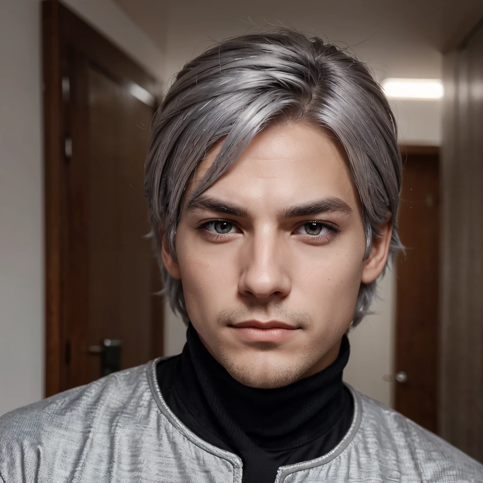 Crea a una persona masculina con un rostro inexpresivo, silver hair and slanted crimson eyes.