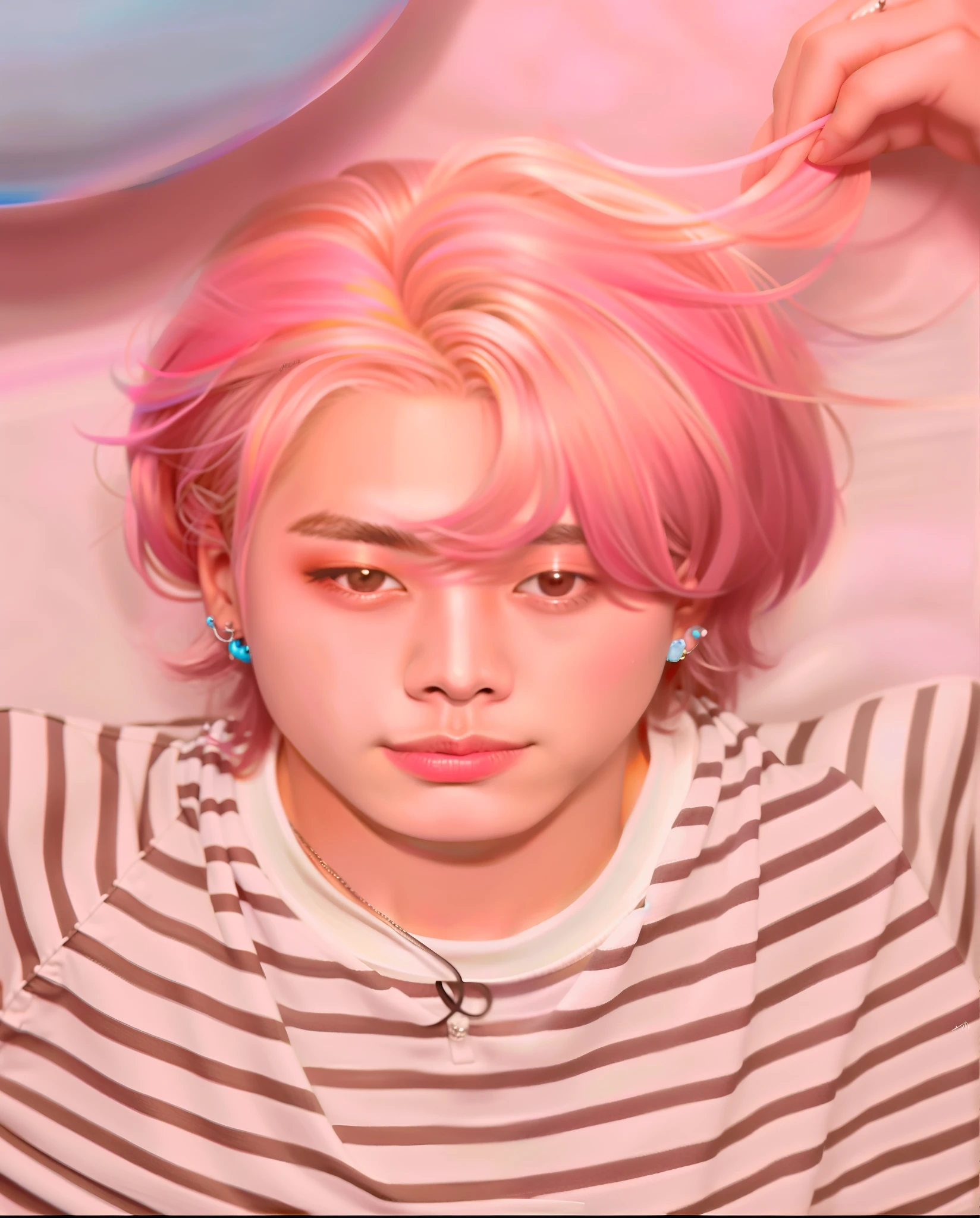 arafed man com cabelo rosa and a striped shirt holding a blue balloon, park Jimin, portrait of jossi do blackpink, Jimin, Jimin\the full lips, com cabelo rosa, accurate Jimin face, Kim Doyoung, Jimin\the right eyelid is swollen, jossi do blackpink, hyung tae, Jimin\o nariz grego, cara rosa