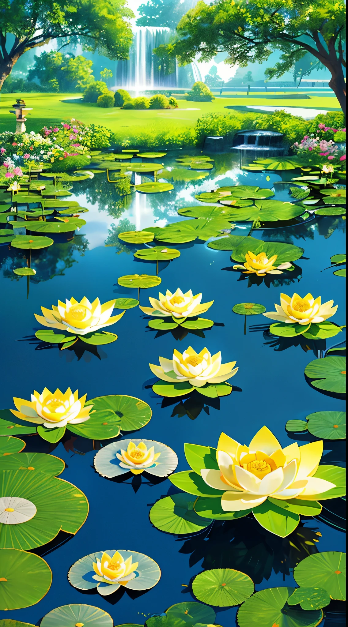 Anime landscapes，summer day，lotuses，ponds，rays of sunshine