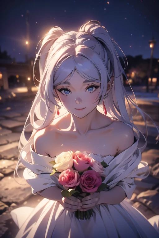 (from above:1.2),(from side:0.9), ((Face)), (Close-Up:0.4), ((looking at viewer, holding a bouquet to his mouth)), highest quality、(real、photorealistic:1.4)、(RAW photo:1.2)、very detailed CG unity 8k wallpaper, delicate and beautiful, wonderful, Fine detail, official art, disorganized, very disorganized, huge file size, Ultra-detailed, very detailed, very detailed girl, very detailedなeyes and face, Bright on the face、(teenage girl:1.7)、small smile, ,smiling, miorine rembran, ahoge, (white hair:1.25), hair between eyes, hair bun, (long hair:1.25), tiara,,ruanyi0261,off-shoulder dress,pearl \(gemstone\),tiara,veil,wedding dress, wedding necklace, wedding long gloves, (luxurious bouquet), chapel, Stained glass,(best quality, highres, masterpiece:1.2), ultra-detailed, (realistic:1.37) illustration, erotic style, soft lighting, sweat glistening on her body, gentle warmth, dark and mysterious, small breast,narrow waist,(with sparkling eyes and a contagious smile),her thin pubic hair, looking at viewer, 
