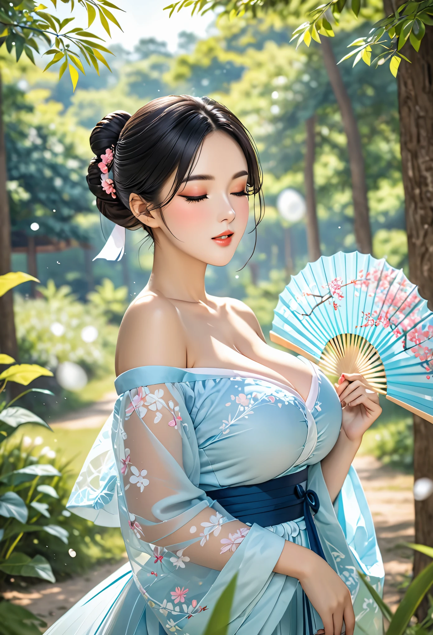 Girl,tulle hanfu, (big breasts:1.4), cleavage, 8K
 1girl ball bare shoulders beachball black hair blurry blurry background blurry foreground breasts bush closed eyes collarbone dappled sunlight day depth of field forest grass hair bun hand fan holding ball lips makeup mole motion blur nature off shoulder outdoors paper fan see-through sky solo tree uchiwa upper body water 

