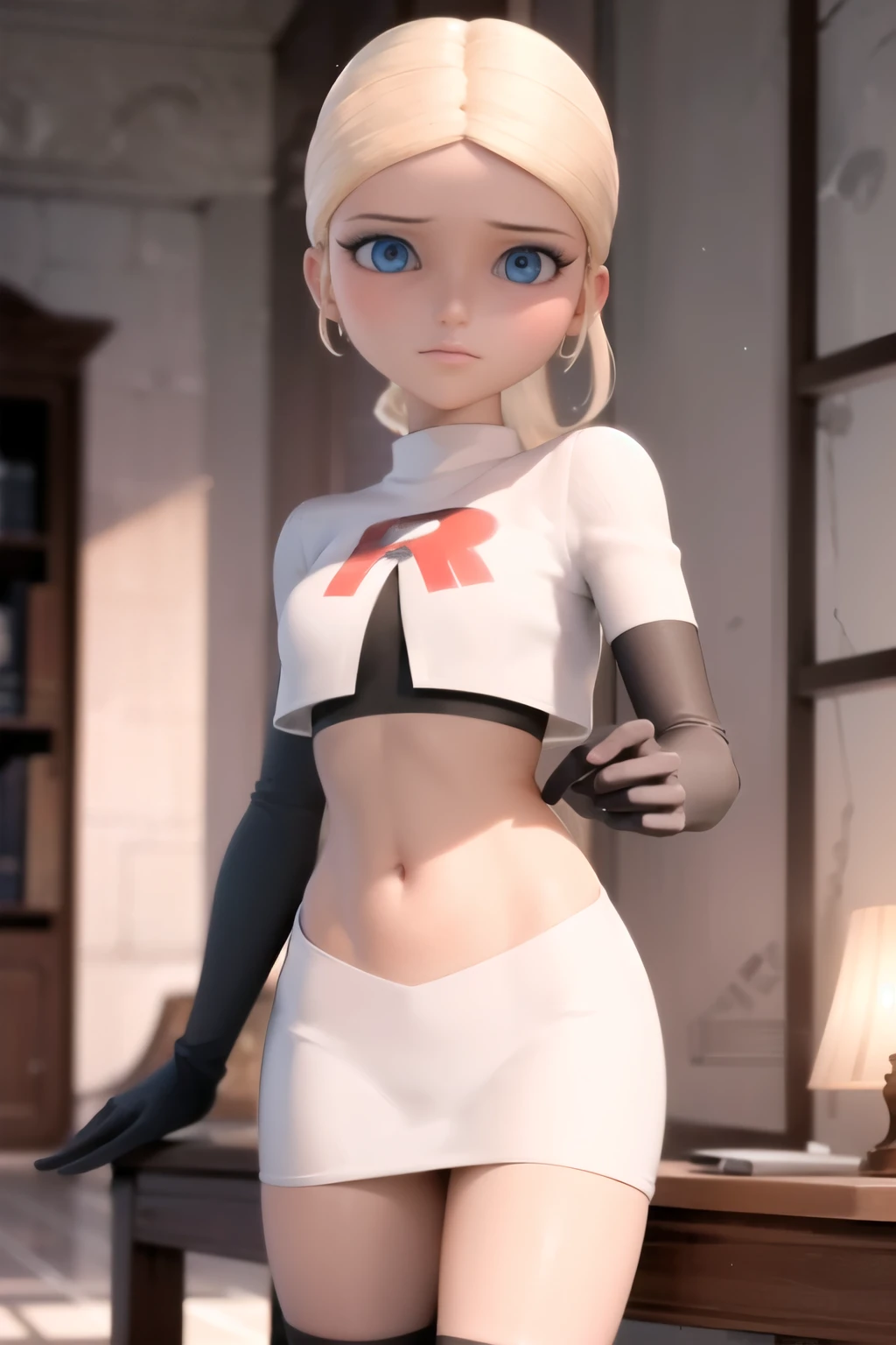 (8k, RAW photo, best quality, masterpiece:1.2), (intricate details), highres, perfect eyes, perfect face, perfect lighting, beautiful, (masterpiece:1.2), (best quality:1.2), 1girl, solo, chloe, blue eyes, blonde, team rocket,team rocket uniform, red letter R, white skirt,white crop top,black thigh-highs,black elbow gloves