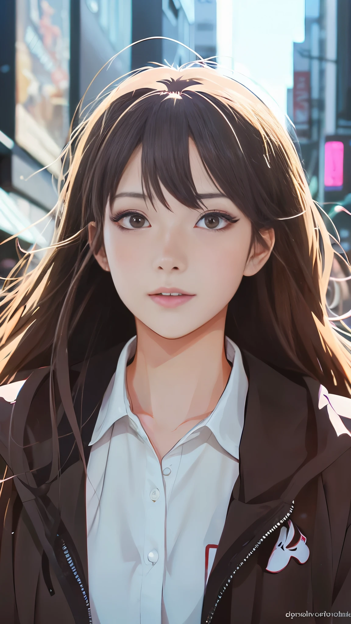 (highest quality:0.8),, (highest quality:0.8), perfect anime illustration, Extreme close-up portrait of a pretty woman walking in the city