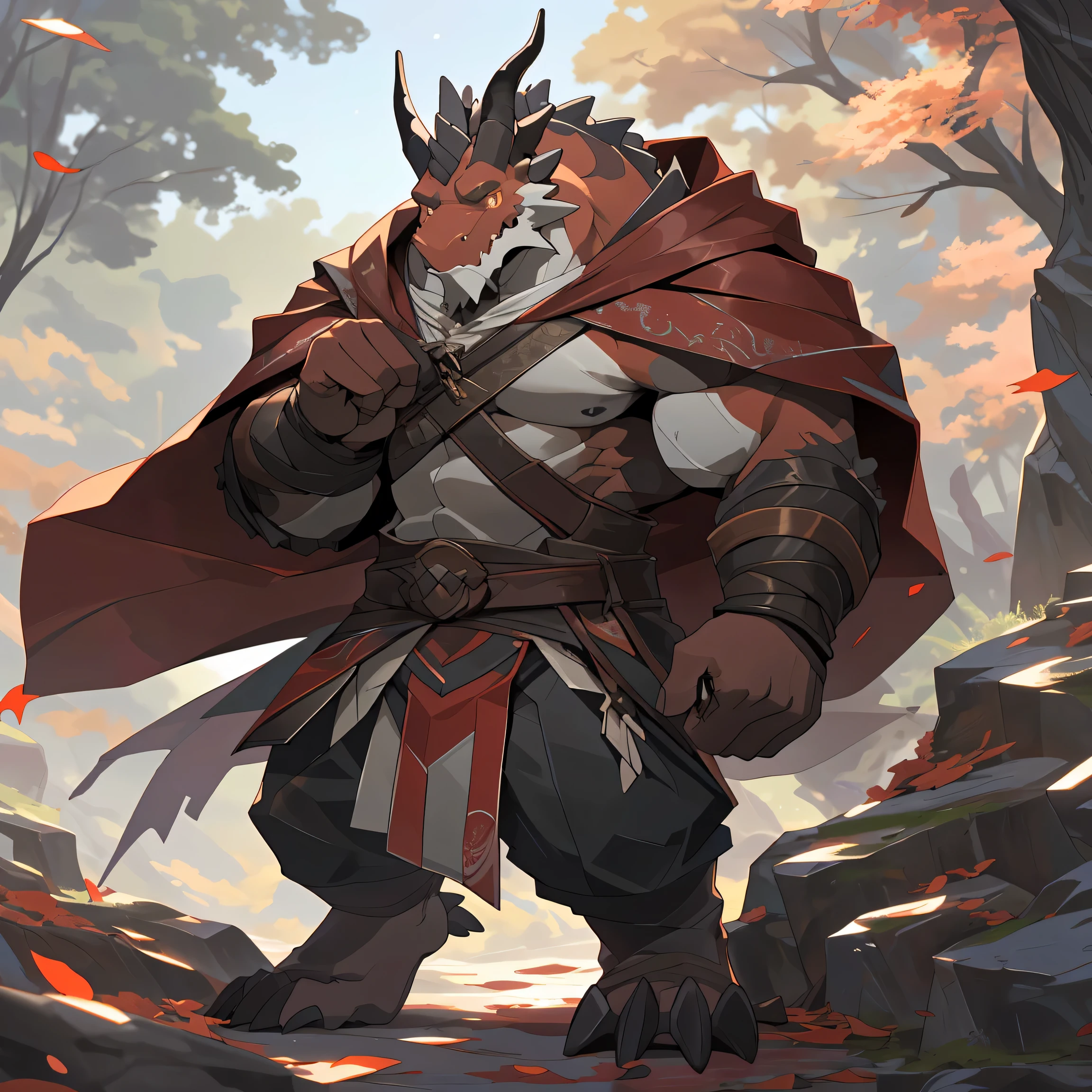 standing on a mountain trail，fallen leaves, Artie Green 8K, Inspired by Sylvain Sarrailh, Makoto Shinkai Cyril Rolando, Concept Art Wallpaper 4K, digital concept art, Cyril Rolando and Goro Fujita, Inspired by Artie Green&#39;perfect anatomy, (ultra deTailed), sharp focus, Eye, amber Eye, hairy, There are brownish-red hairs on the head, Brownish-red beard, human nature (dragon), male, middle aged, orange-red body, white belly, Tail, black corner，brown-red eyebrows，Muscular and big, big man，bare breasts，knight clothing, red cherry long cloak, whole body，ultra deTailed face, depth of field, motion blur, high deTails, high quality, Award-winning, HD, 16K, (best quality,4K,8K,High resolution,masterpiece:1.2),ultra-deTailed,actual:1.37,HDR,UHD,studio lighting,extreme deTail description,professional,bright colors, ((masterpiece)), (((best quality)))，illustration, environmental change scenarios, Chatongbetalora, (simple 后退ground, white 后退ground: 1.3) information