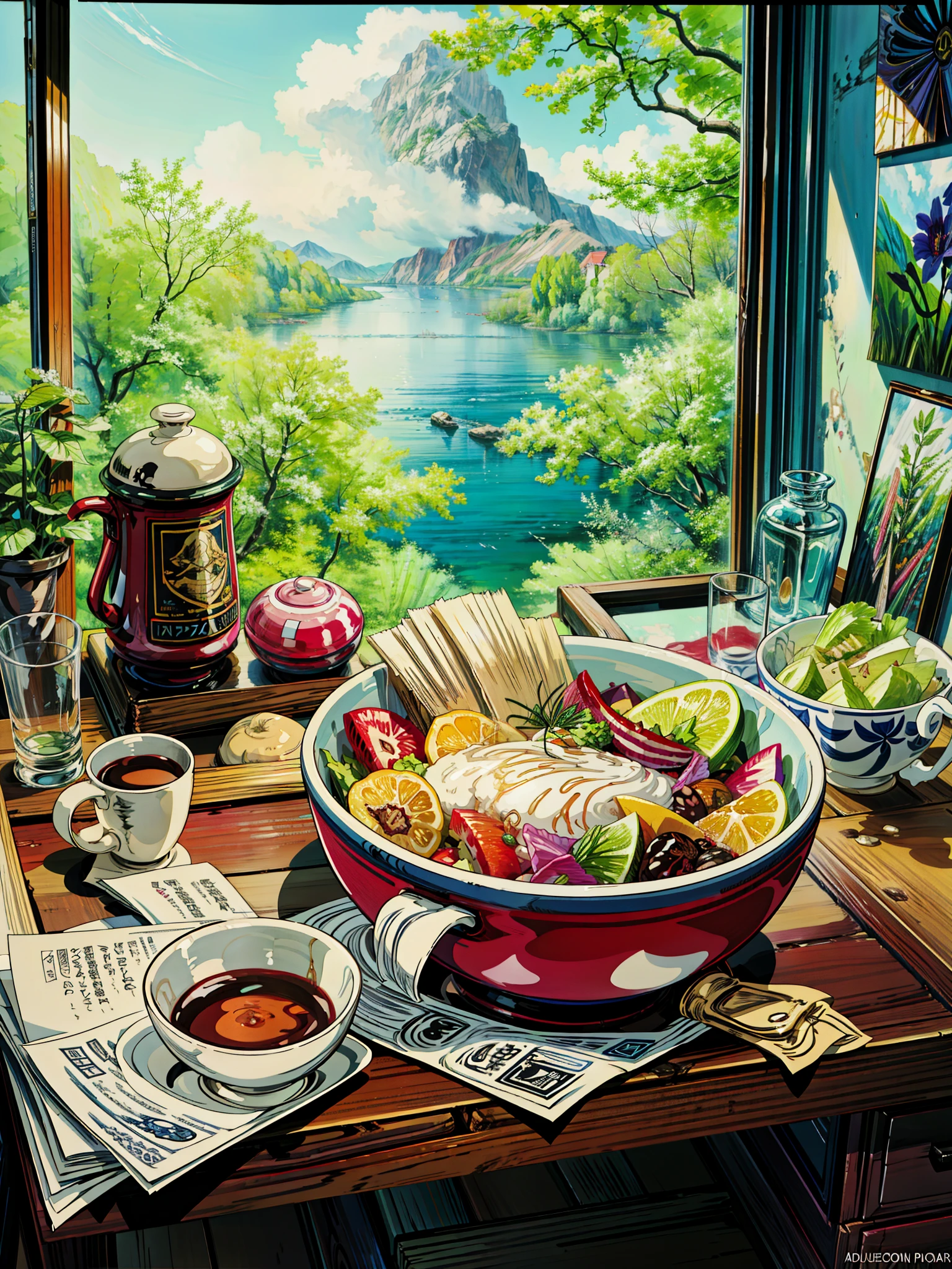 a painting of a bowl of salad on a table, top rated on pixiv, by Makoto Aida, beautiful anime art, by Edward Okuń, clean detailed anime art, oil painting of breakfast, beautiful anime artwork, beautiful photorealistic imagery, wonderful compositions, beautiful art uhd 4 k, highly detailed 4 k painting, amazing food illustration, cushart, 4k hd,, beautiful art uhd 4 k, a beautiful artwork illustration, beautiful digital painting, highly detailed digital painting, beautiful digital artwork, detailed painting 4 k, very detailed digital painting, rich picturesque colors, gorgeous digital painting