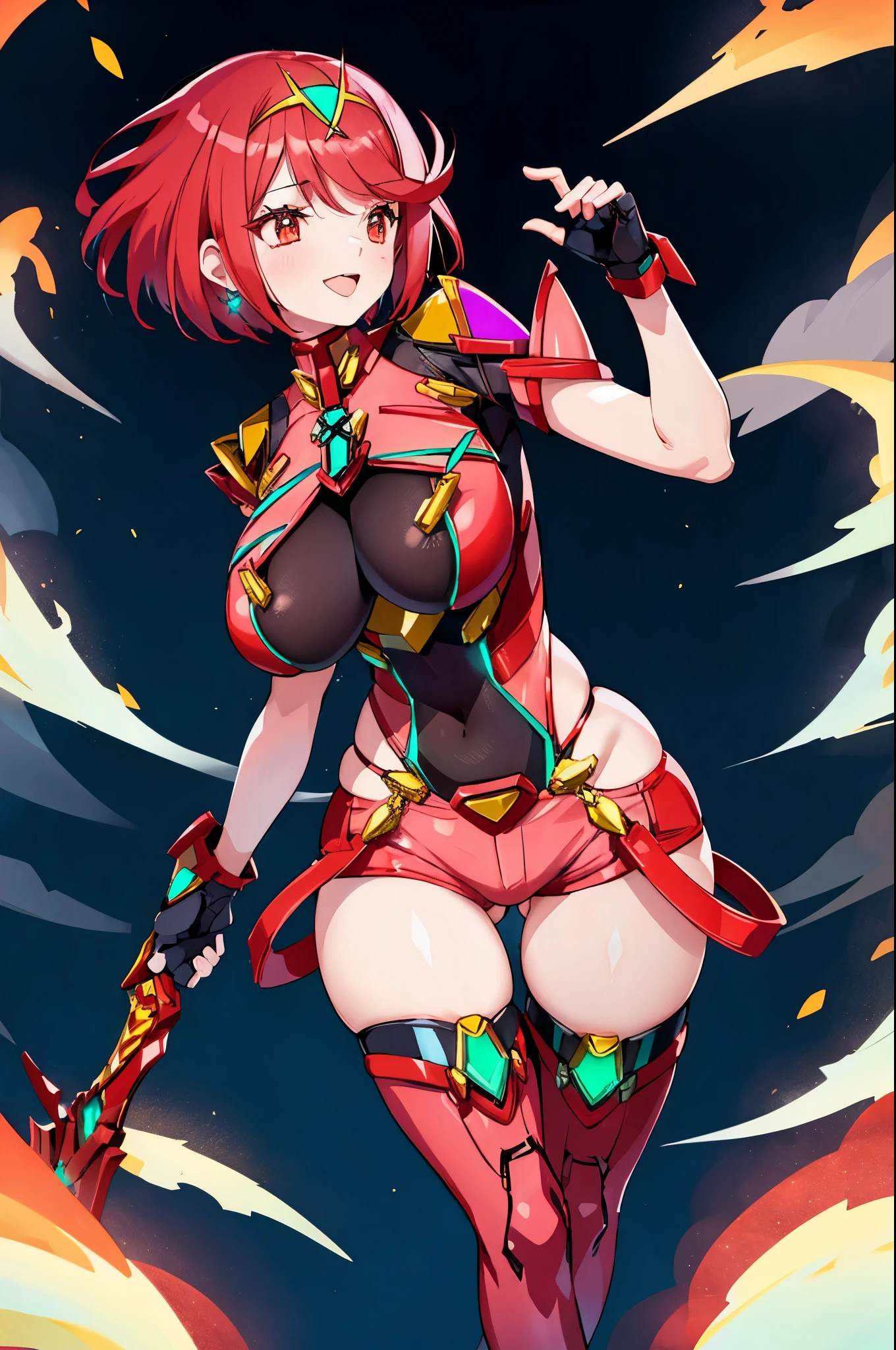 pyra \(xenoblade\), teen_1girl, armor, bangs, black gloves, breasts, red eyes, closed mouth, earrings, eyelashes, fingerless gloves, floating hair, framed breasts, gem, gloves, hair ornament, headpiece, jewelry, big_breasts, leaning back, leotard, neon trim, official art, pose, red hair, red shorts, saitou masatsugu, short hair, short shorts, short sleeves, shorts, sidelocks, skin tight, solo, standing, swept bangs, thighhighs, tiara, night_prairie_background, turtleneck, underbust, vambraces, xenoblade chronicles \(series\), (xenoblade chronicles 2), apart_legs, fire_effect,dynamic_pose_fighting,light_smile, (plump:1.1), big_ass,huge_sword, hold_large_sword_hilt, solo, covered_nipples, covered_pussy,open_mouth,back_view,