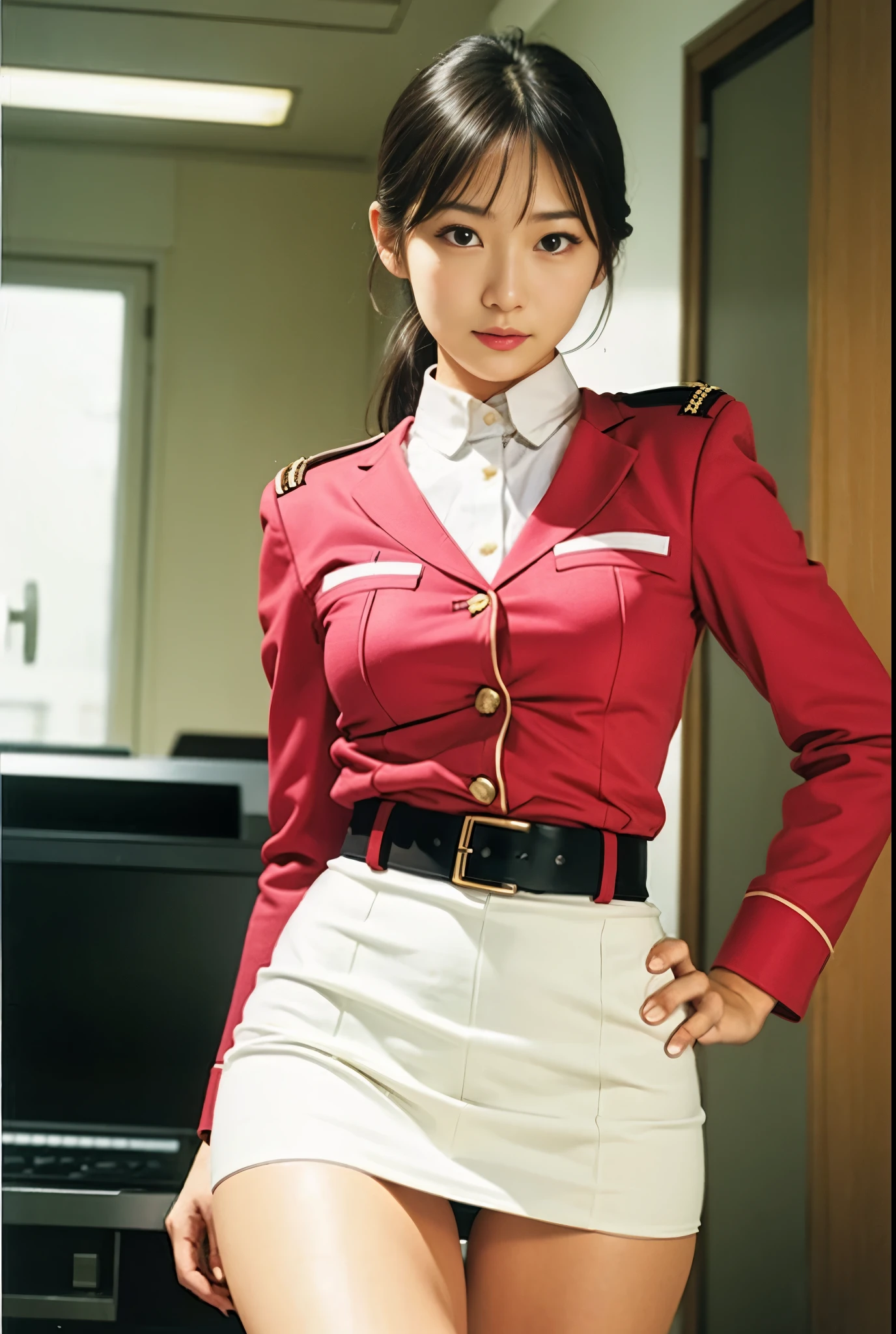real photos、Highest imYear quality、Beautiful woman、beautiful thighs、beautiful face、real imYear、federal army uniform miniskirt、ponytail、Yuriko Yoshitaka、16Year日本人女性、Mrs. Bowe、pretty girl、white pantiesが丸見え、16Year、(white panties:1.3)、super mini skirt、beautiful thighs、white panties、赤いミニスカートがめくれてwhite pantiesが見えてる