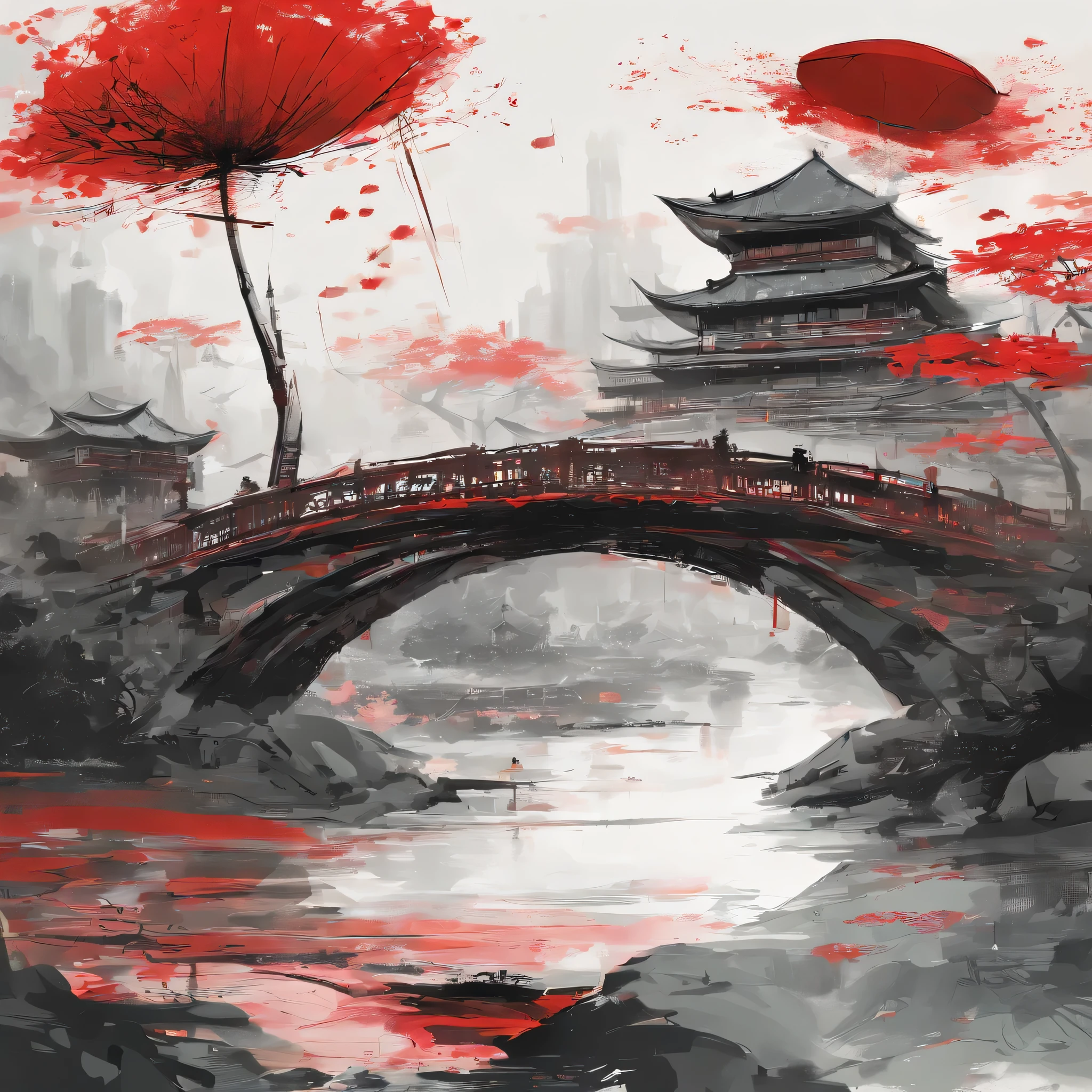 there is a painting of a bridge and a building with a red umbrella, inspired by Wu Guanzhong, by Sun Kehong, inspired by Huang Binhong, inspired by Cui Zizhong, by Wu Guanzhong, artwork in style of sheng lam, inspired by Zhou Jichang, by Gao Cen, inspired by Sun Kehong, by Shao Mi