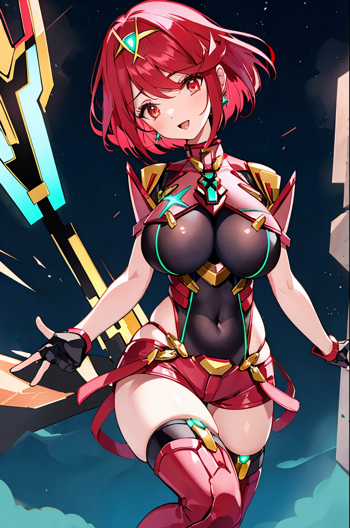 pyra \(xenoblade\), teen_1girl, armor, bangs, black gloves, breasts, red eyes, closed mouth, earrings, eyelashes, fingerless gloves, floating hair, framed breasts, gem, gloves, hair ornament, headpiece, jewelry, big_breasts, leaning back, leotard, neon trim, official art, pose, red hair, red shorts, saitou masatsugu, short hair, short shorts, short sleeves, shorts, sidelocks, skin tight, solo, standing, swept bangs, thighhighs, tiara, night_prairie_background, turtleneck, underbust, vambraces, xenoblade chronicles \(series\), (xenoblade chronicles 2), apart_legs, fire_effect,dynamic_pose_fighting,light_smile, (plump:1.1), big_ass,huge_sword, hold_large_sword_hilt, solo, covered_nipples, covered_pussy,open_mouth,back_view,