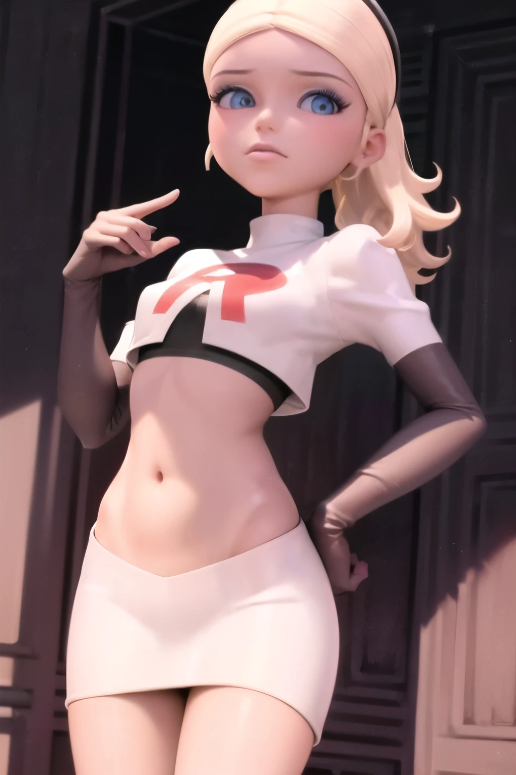 (8k, RAW photo, best quality, masterpiece:1.2), (intricate details), highres, perfect eyes, perfect face, perfect lighting, beautiful, (masterpiece:1.2), (best quality:1.2), 1girl, solo, chloe, blue eyes, blonde, team rocket,team rocket uniform, red letter R, white skirt,white crop top,black thigh-highs,black elbow gloves