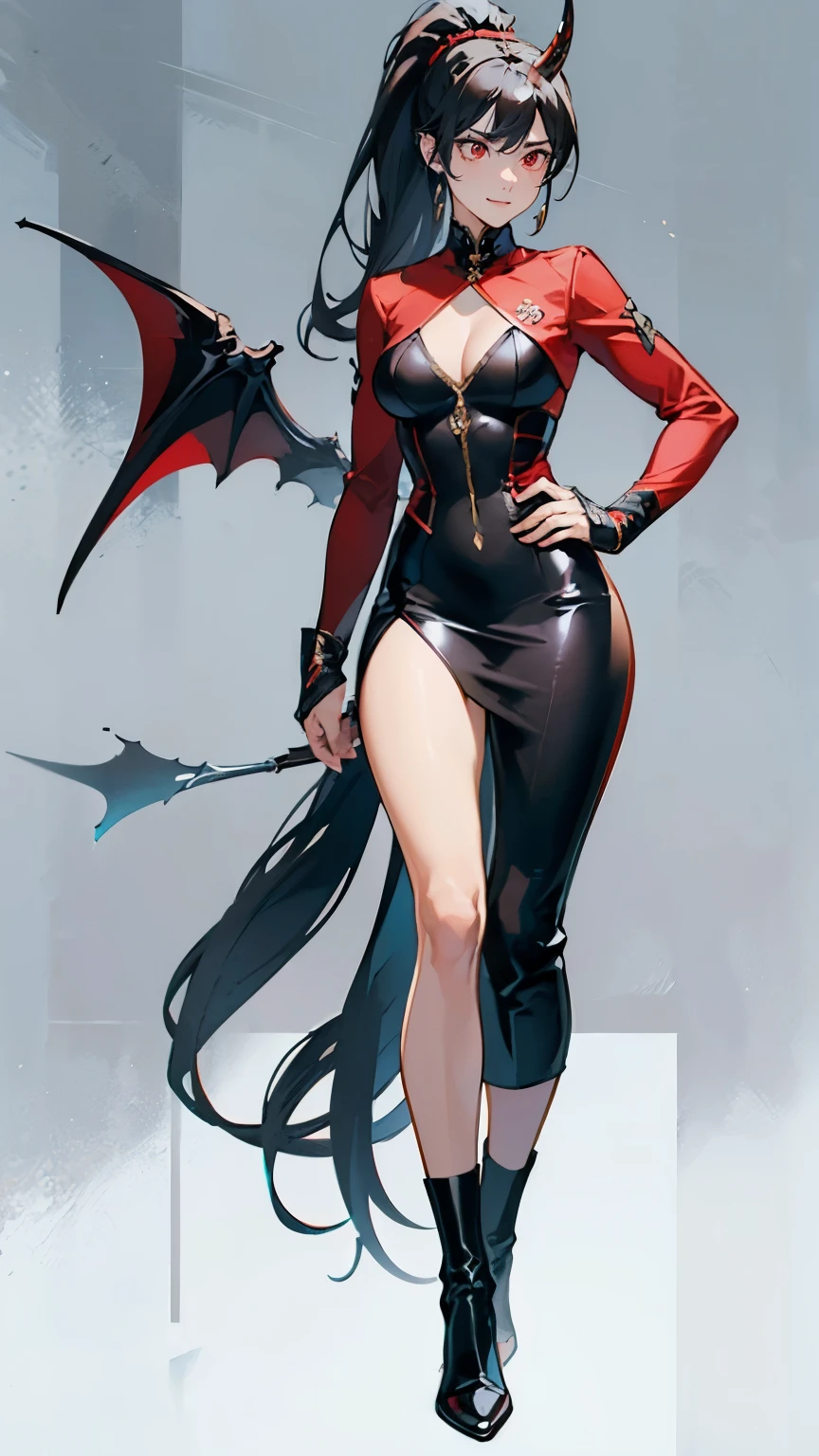 ((masterpiece,best quality,8k,highres)),((character concept art)), 1 female, adult woman, secret agent, 175 cm height, long straight hair, straight ponytail, flat hair bangs (black hair colour), demon horn, ultra finely detailed eyes (red eyes colour), extraordinary gorgeous, charming, smirk smile, shapely breasts, hourglass body shape ((muscular)), ((intricate detail)), super finely detailed hands, ultra finely detailed fingers(((ten fingers))), red shirt, black blazer, black pencil skirt, black boots, earrings, necklace, (standing still), (full body showcase), (show full body), (no logos on background), (no logo), ((plain background)), ((empty hands)), ((plain background)), (((empty background)))