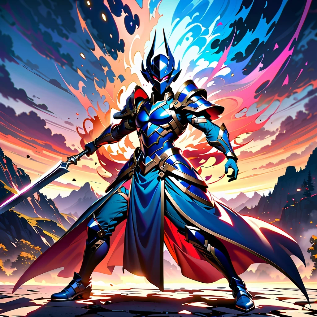 inspired by comics, warrior, historical fantasy, brave personality, customary clothing, Well designed and sharp blade, firm eyes,firm eyes, animated gesture, theater lighting, Brilliant color combinations, Enhance contrast, majestic landscape background, foggy environment, Full of activity, Vibrant artistry, traditional oil painting look, Superior resolution, Highly detailed features, Expert craftsmanship.