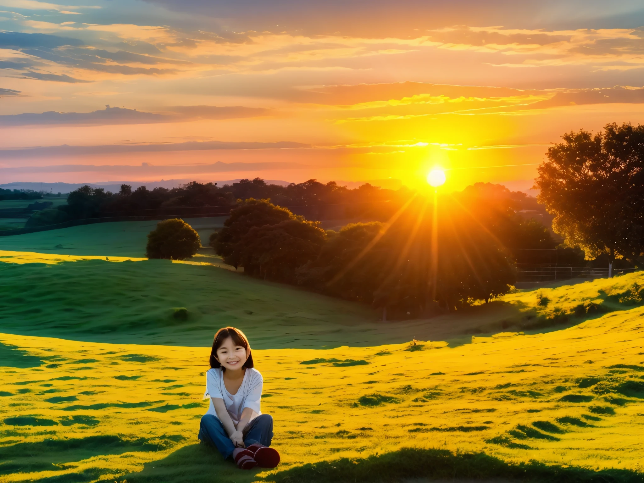 Ultra Wide Angle, Beautiful countryside landscape, red sunset sky with crows and red dragonflies flying , a girl is sitting