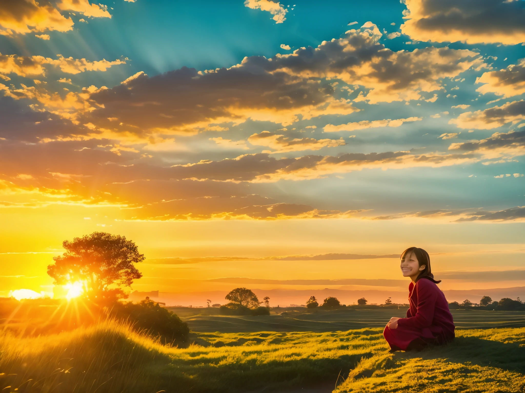 Ultra Wide Angle, Beautiful countryside landscape, red sunset sky with crows and red dragonflies flying , a girl is sitting