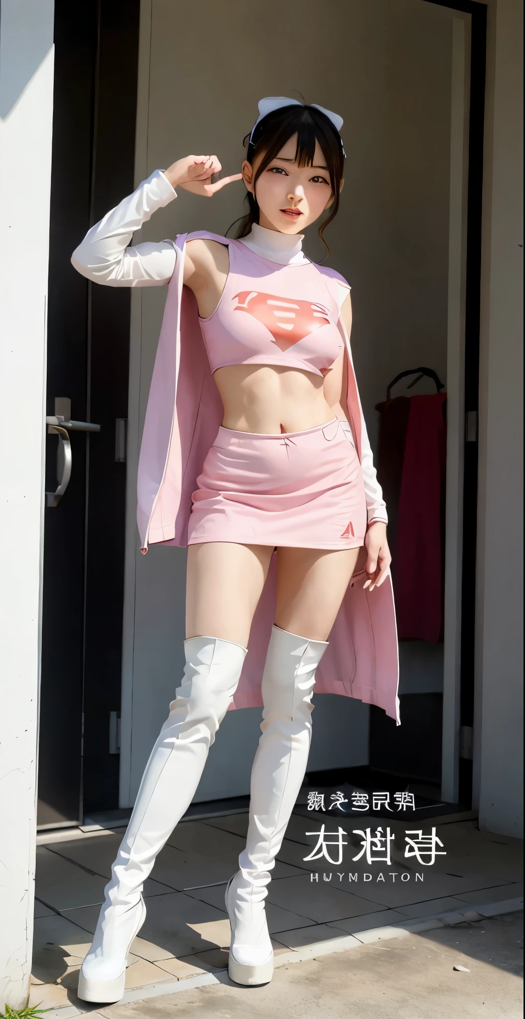 best image quality、real image、18-year-old美少女、ポニーテールBeautiful woman、beautiful sister、A woman wearing a pink dress and cloak is standing in front of a building。, 18-year-oldの女の子,Jun the Swan、knee high boots science ninja、white panties、Beautiful woman、 As a retro-futuristic heroine, 18-year-old、As a retro-futuristic heroine, beautiful thighs、sheila, she - ra, anime female hero portrait, Portrait of a modern dharna, anime visual of super girl, super girl, official art, Dinah Drake, hironaka, Blowjob White Mecha Miniskirt