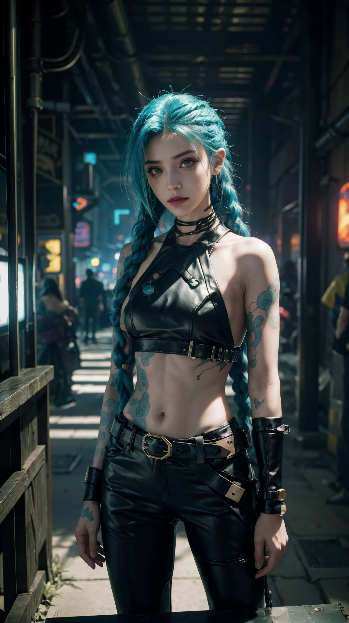 jinx arcano, uma mulher com cabelo verde e tatuagens, mulher cyberpunk mulher anime, pants, Deusa cyberpunk raivosa bonita, estilo de arte cyberpunk, arte digital de anime cyberpunk, arte de anime cyberpunk, Arcane Jinx Retrato, arte de anime cyberpunk, arte com tema cyberpunk, cyberpunk fantasia sombria, estilo arcano, 1 garota, stars tattoo on arm, asymmetrical bangs, faixa, cabelo verde, Green braids, camisa marrom, tatuagem de estrelas, lateralmente, cabelo verde, cabelo longo, olhos cor de rosa, Red lips, standing , tatuagem de nuvem, twin braids. Jinx de arcano. Garota de cabelo verde, garota de twin braids, Jinx em um lugar em chamas, Fagulha, esferas de luz, movie poster, Jinx, Arcane\(Liga das Lendas\