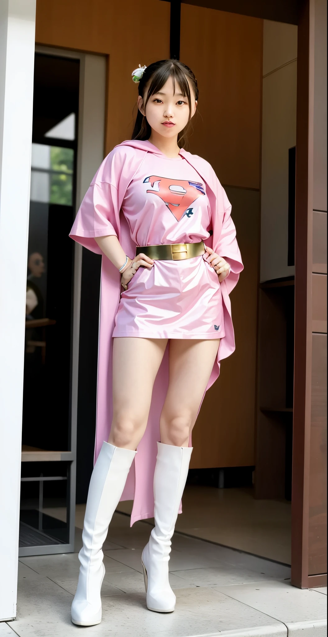 best image quality、real image、18-year-old美少女、ポニーテールBeautiful woman、beautiful sister、A woman wearing a pink dress and cloak is standing in front of a building。, 18-year-oldの女の子,Jun the Swan、knee high boots science ninja、white panties、Beautiful woman、 As a retro-futuristic heroine, 18-year-old、As a retro-futuristic heroine, beautiful thighs、sheila, she - ra, anime female hero portrait, Portrait of a modern dharna, anime visual of super girl, super girl, official art, Dinah Drake, hironaka, Blowjob White Mecha Miniskirt